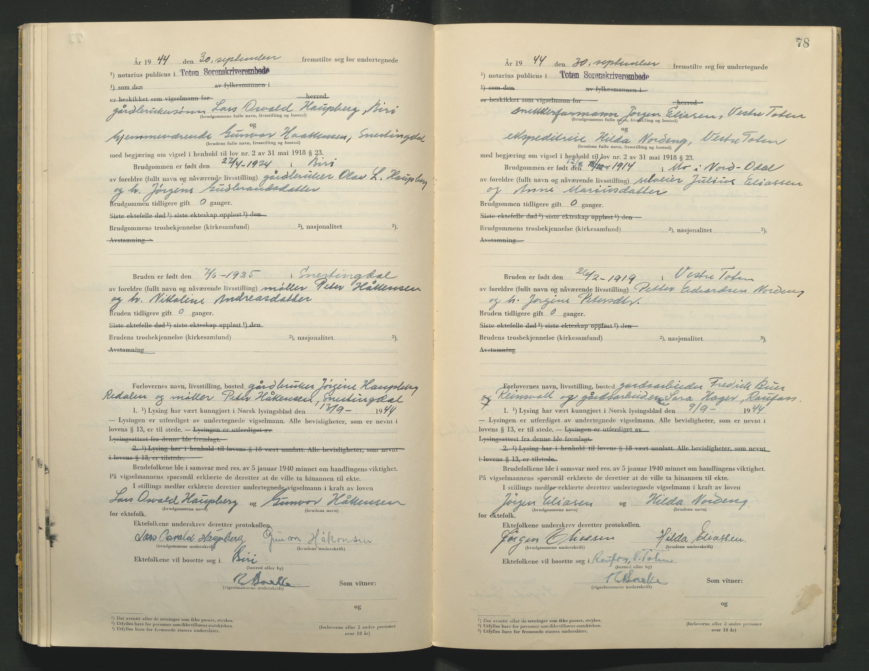 Toten tingrett, AV/SAH-TING-006/L/Lc/L0004: Vigselbok, 1944, s. 78