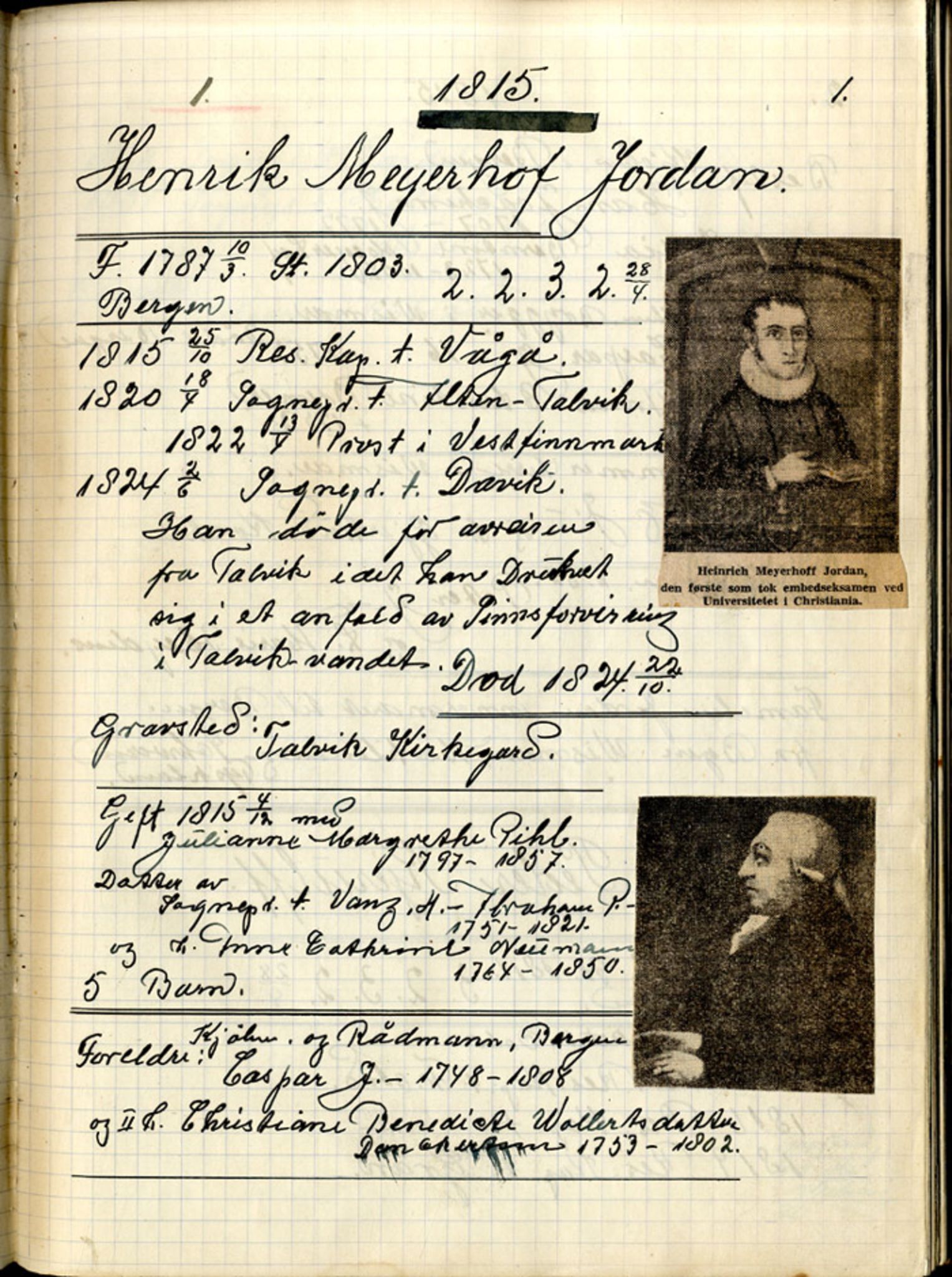 Stendal, Gunnar - samlinger til norsk prestehistorie, AV/SAB-SAB/PA-0052/01/L0001: Norske teologer, 1815-1839