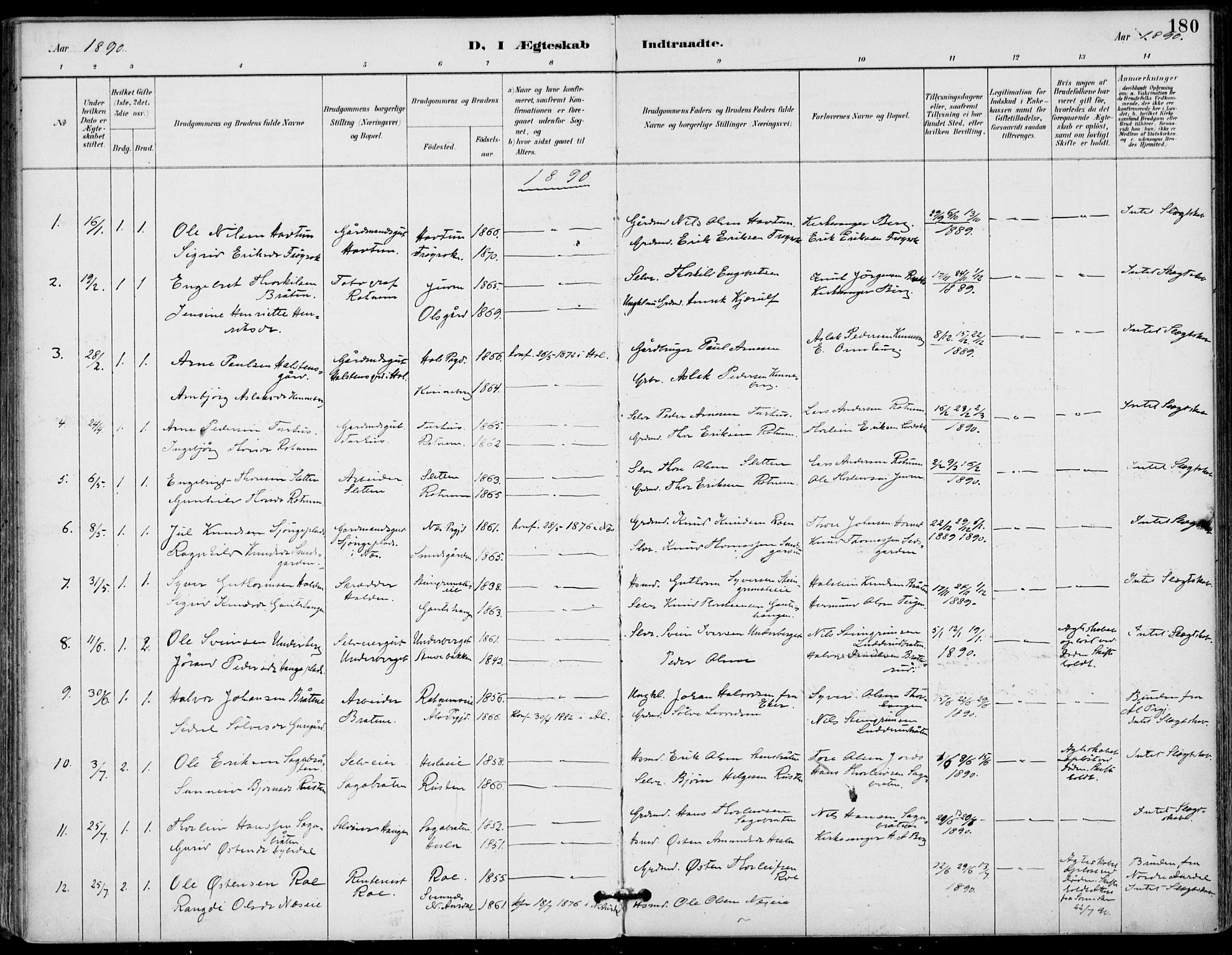 Gol kirkebøker, AV/SAKO-A-226/F/Fa/L0005: Ministerialbok nr. I 5, 1887-1900, s. 180