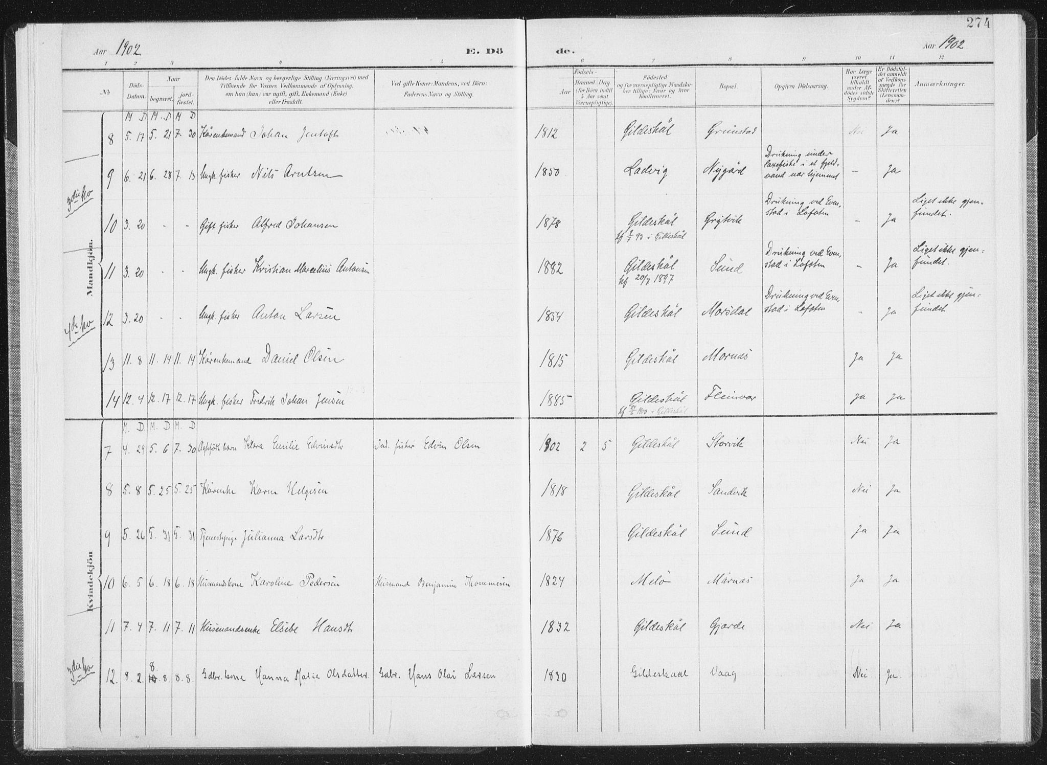 Ministerialprotokoller, klokkerbøker og fødselsregistre - Nordland, AV/SAT-A-1459/805/L0103: Ministerialbok nr. 805A08II, 1900-1909, s. 274