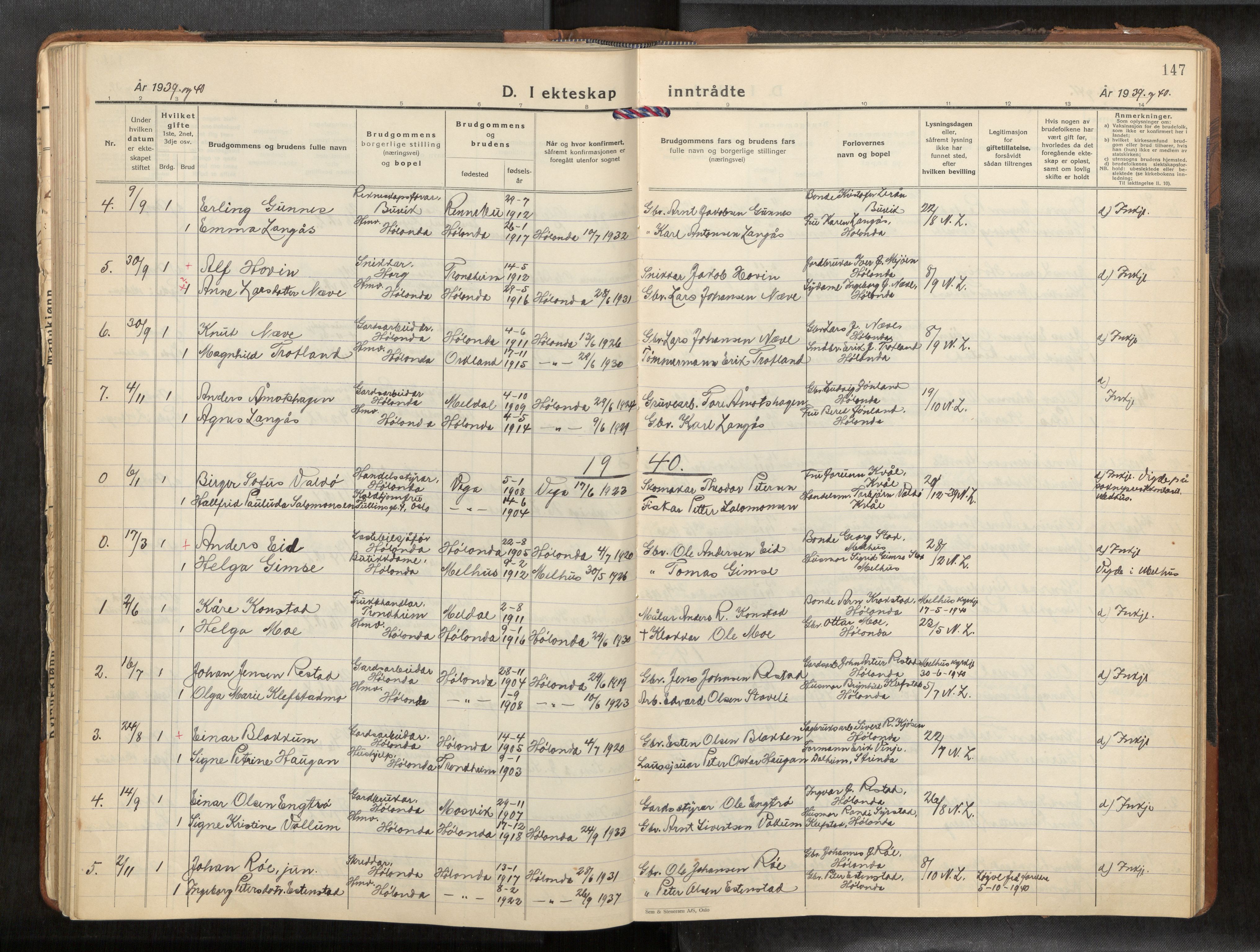 Ministerialprotokoller, klokkerbøker og fødselsregistre - Sør-Trøndelag, AV/SAT-A-1456/694/L1134b: Klokkerbok nr. 694C07, 1937-1984, s. 147