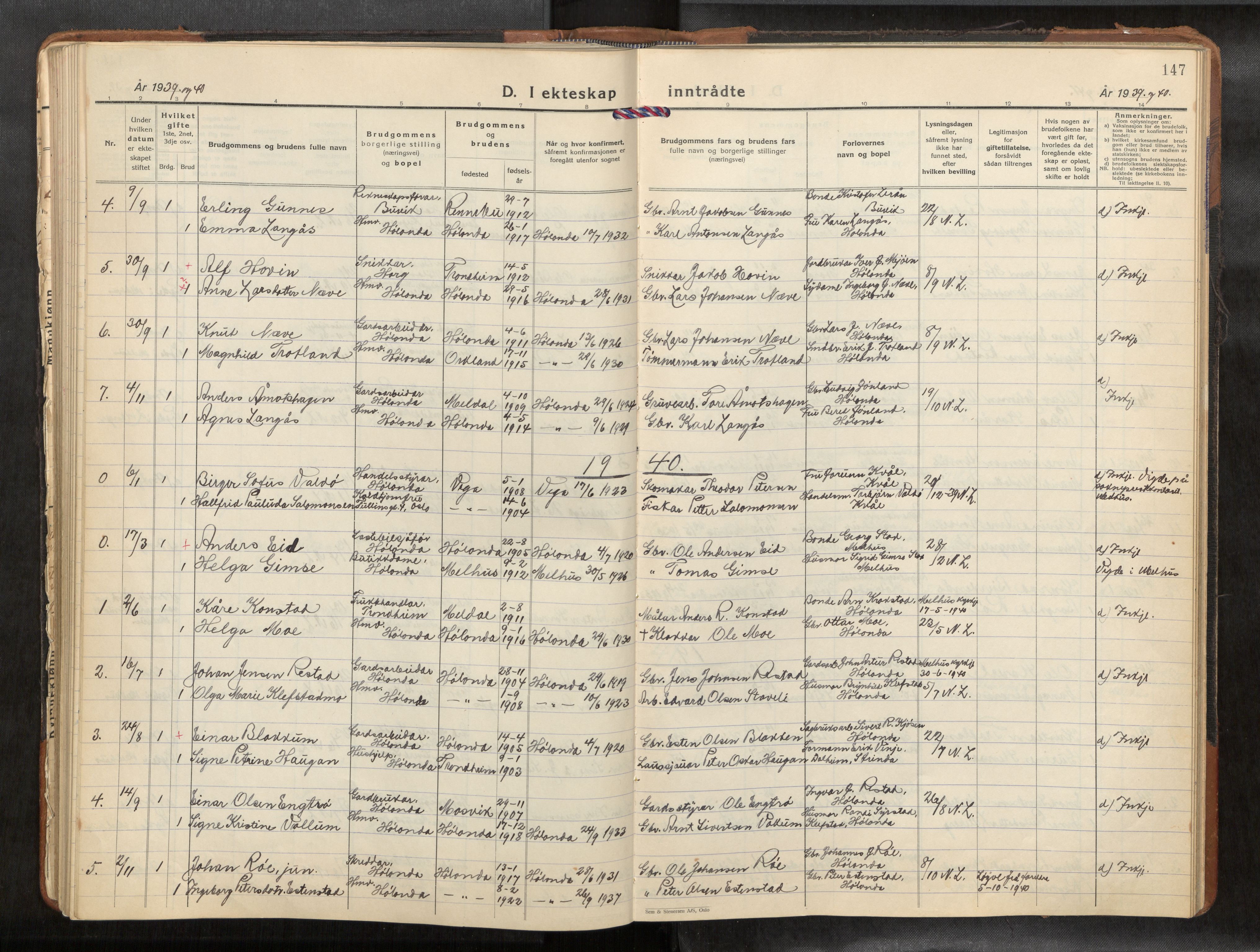 Ministerialprotokoller, klokkerbøker og fødselsregistre - Sør-Trøndelag, SAT/A-1456/694/L1134b: Klokkerbok nr. 694C07, 1937-1984, s. 147