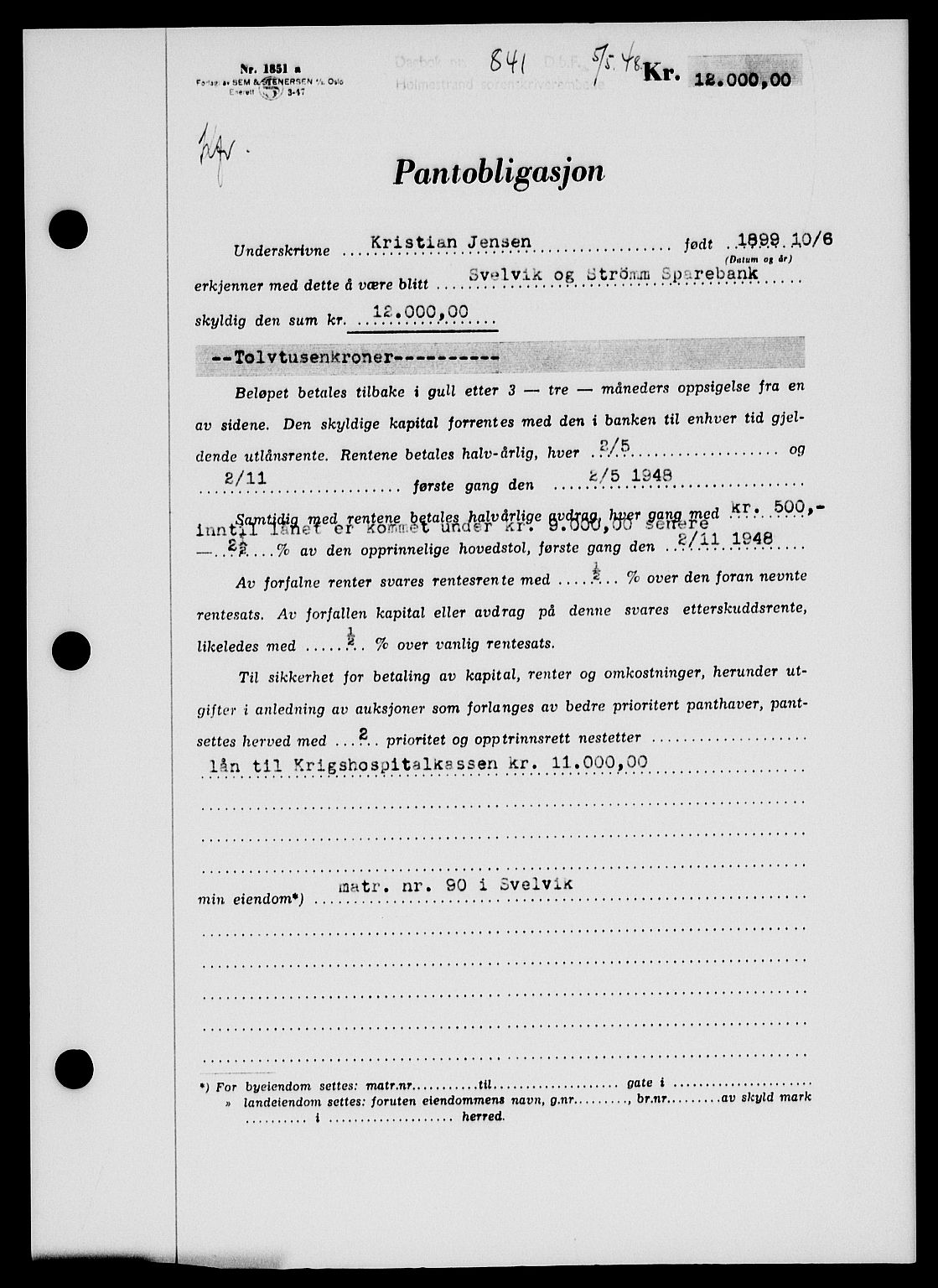 Holmestrand sorenskriveri, SAKO/A-67/G/Ga/Gab/L0058: Pantebok nr. B-58, 1947-1948, Dagboknr: 841/1948