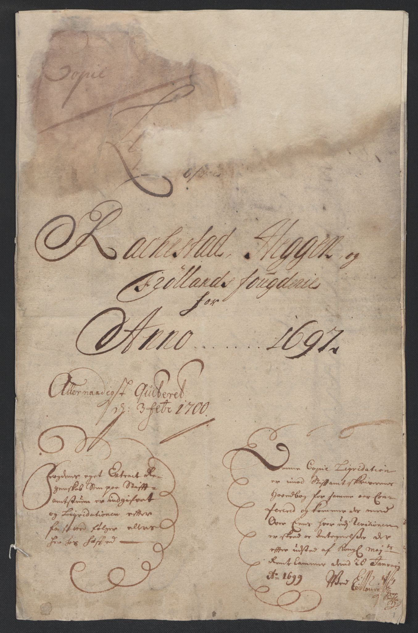 Rentekammeret inntil 1814, Reviderte regnskaper, Fogderegnskap, AV/RA-EA-4092/R07/L0287: Fogderegnskap Rakkestad, Heggen og Frøland, 1697, s. 3