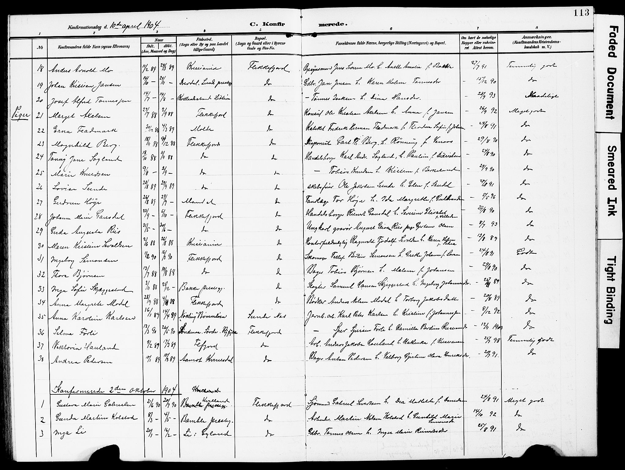 Flekkefjord sokneprestkontor, AV/SAK-1111-0012/F/Fb/Fba/L0001: Klokkerbok nr. B 1, 1903-1931, s. 113