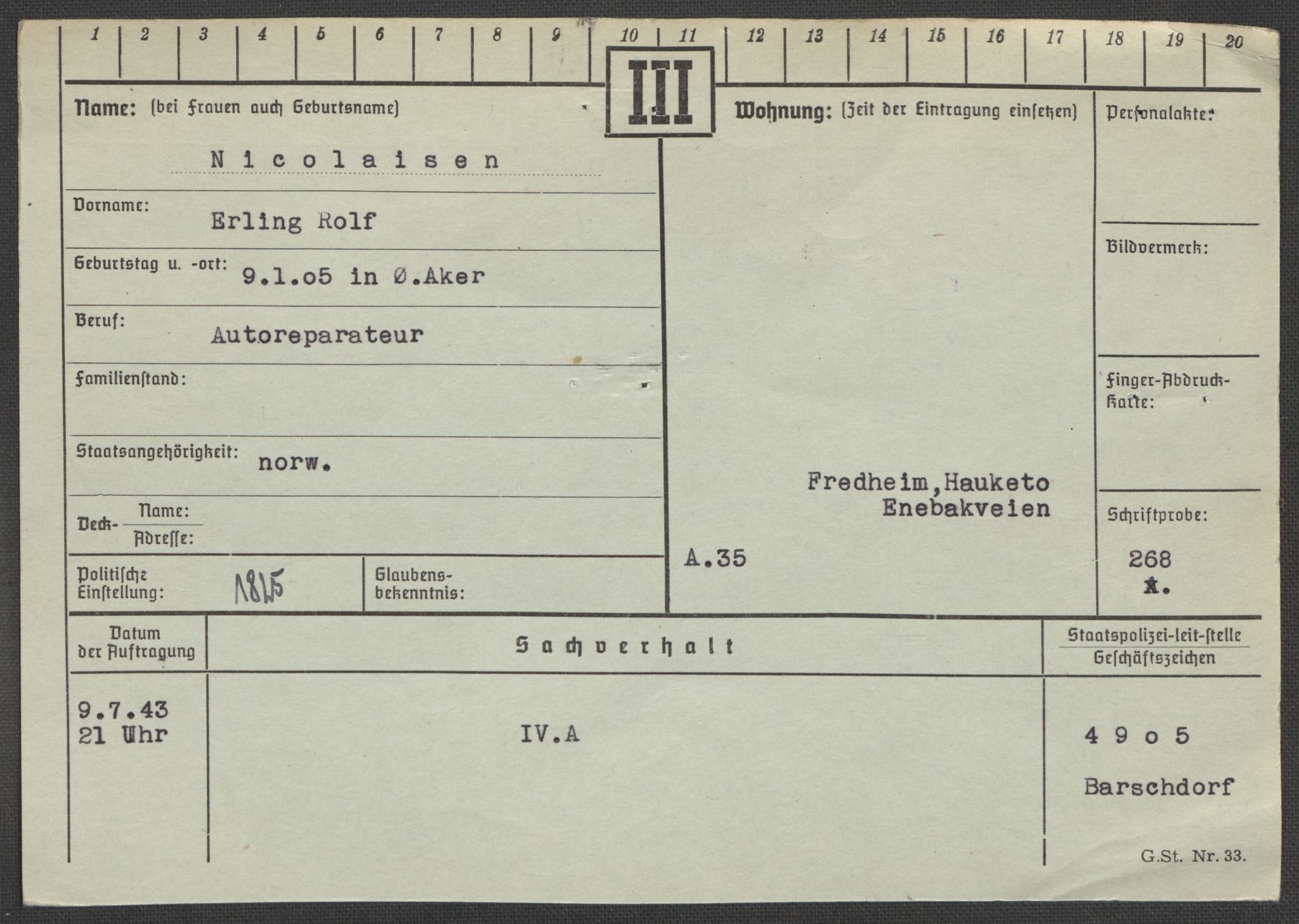 Befehlshaber der Sicherheitspolizei und des SD, RA/RAFA-5969/E/Ea/Eaa/L0007: Register over norske fanger i Møllergata 19: Lundb-N, 1940-1945, s. 1046