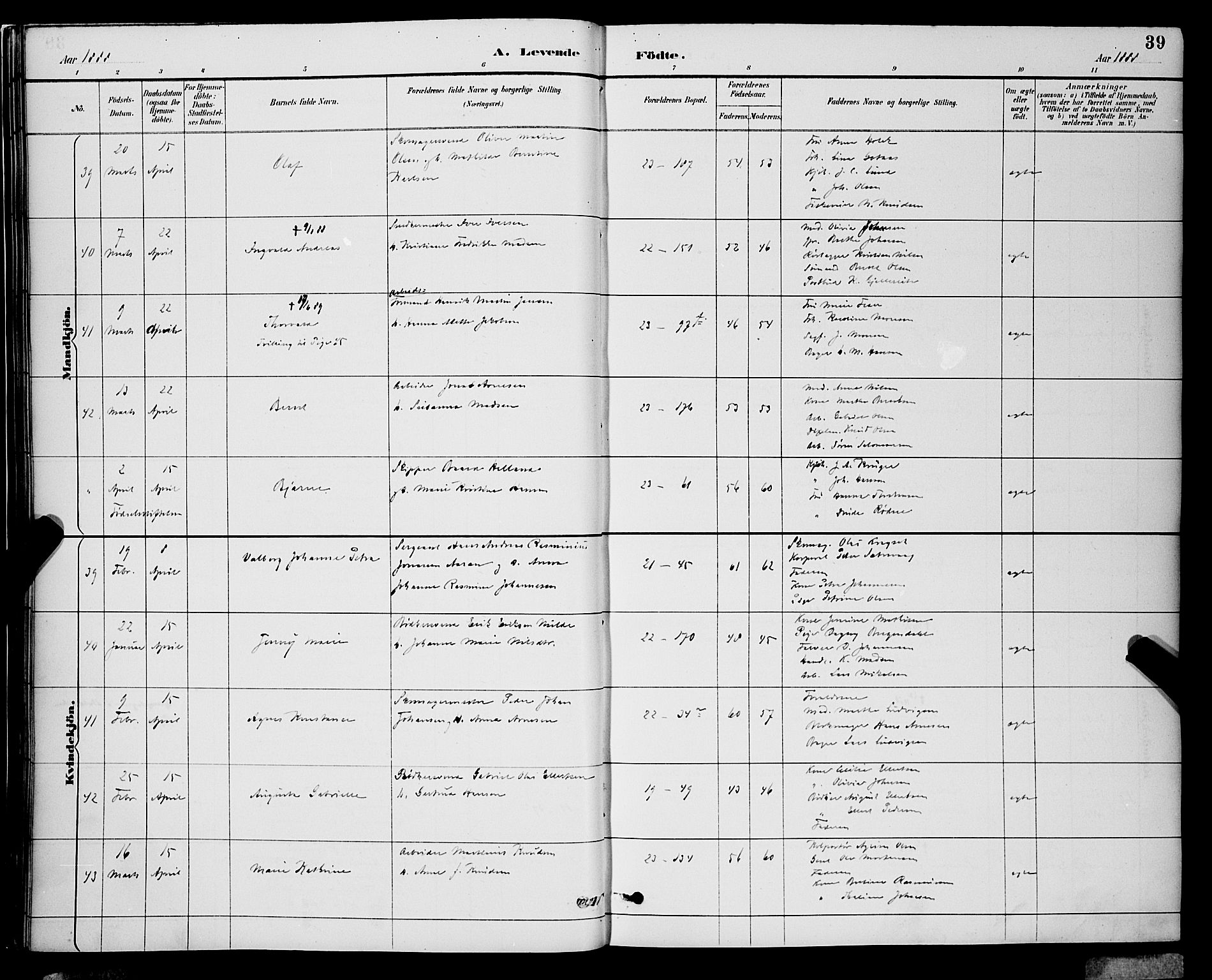 Korskirken sokneprestembete, SAB/A-76101/H/Hab: Klokkerbok nr. B 9, 1887-1896, s. 39