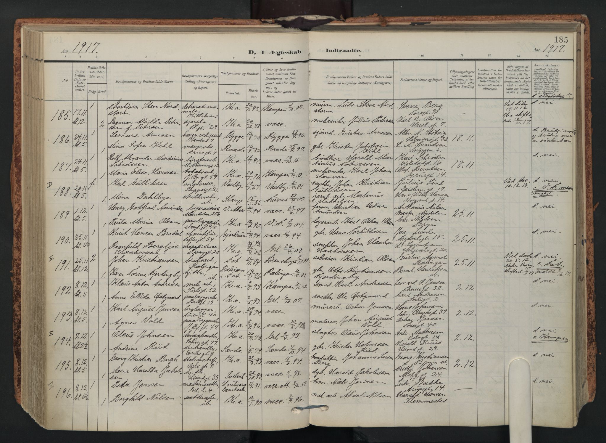 Grønland prestekontor Kirkebøker, AV/SAO-A-10848/F/Fa/L0017: Ministerialbok nr. 17, 1906-1934, s. 185