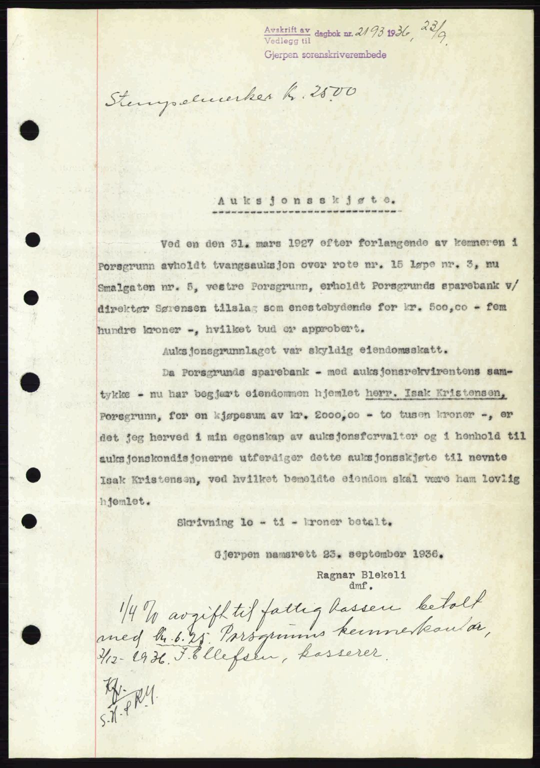 Gjerpen sorenskriveri, SAKO/A-216/G/Ga/Gae/L0067: Pantebok nr. A-66 - A-68, 1936-1937, Dagboknr: 2193/1936