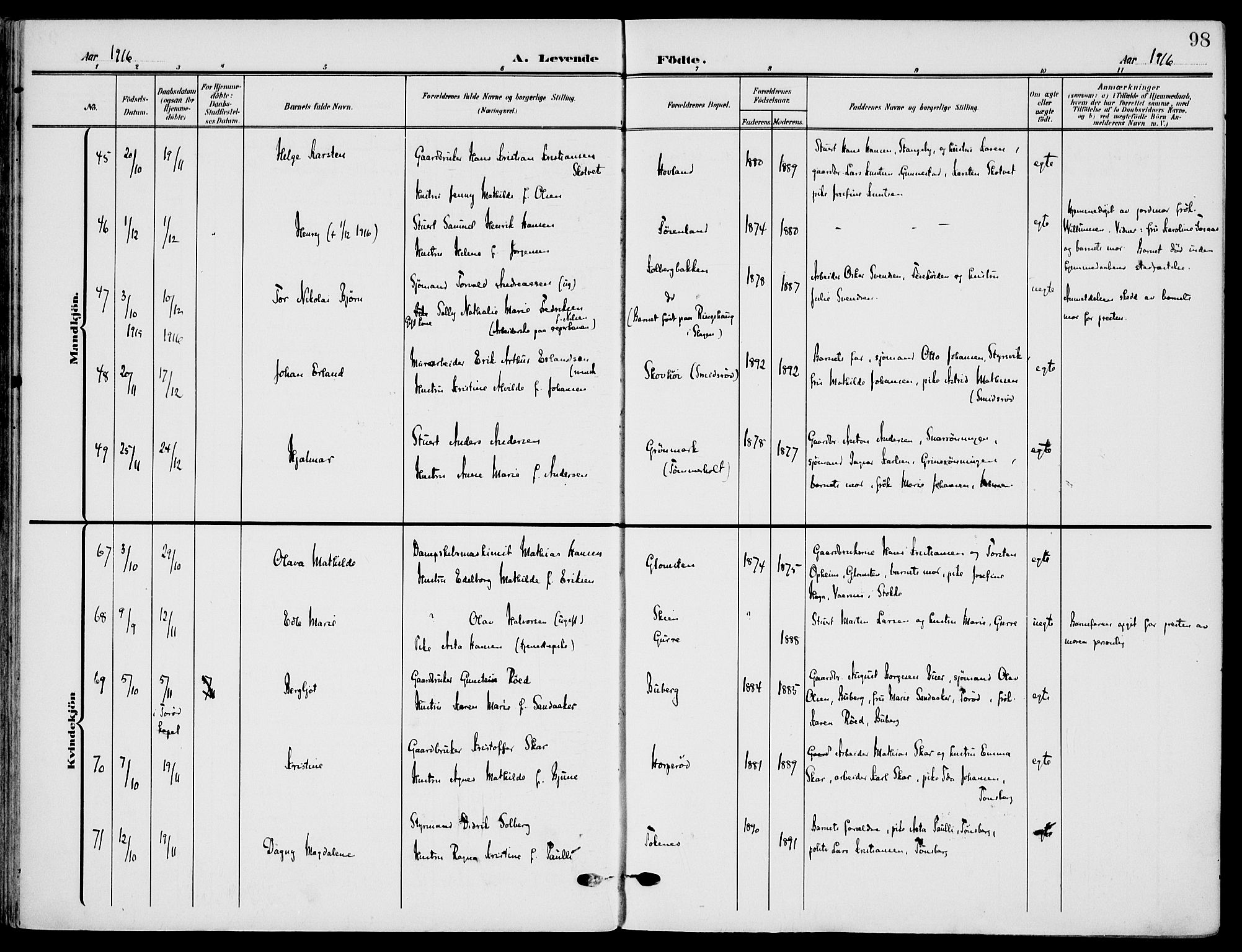 Nøtterøy kirkebøker, AV/SAKO-A-354/F/Fa/L0010: Ministerialbok nr. I 10, 1908-1919, s. 98