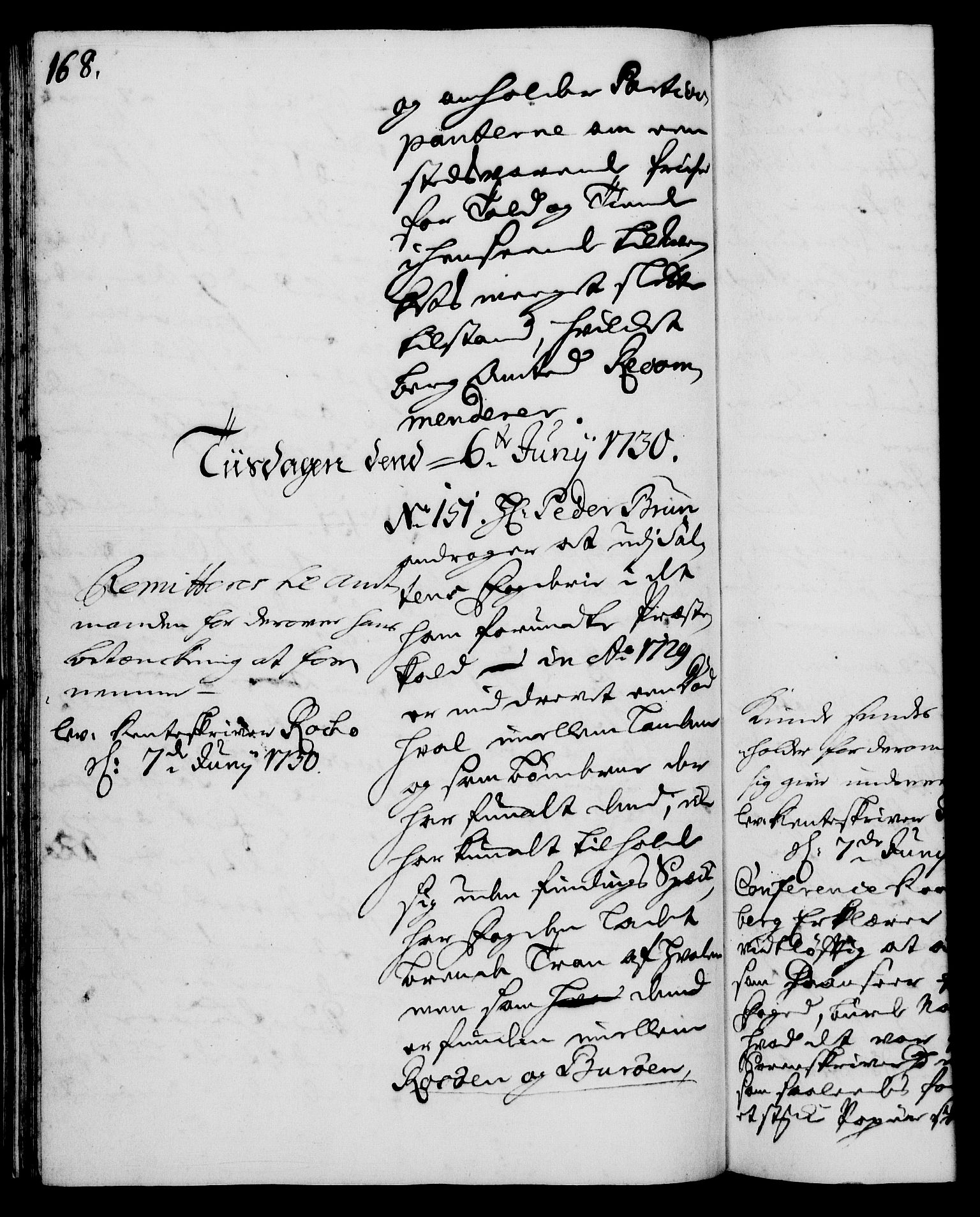 Rentekammeret, Kammerkanselliet, RA/EA-3111/G/Gh/Gha/L0012: Norsk ekstraktmemorialprotokoll (merket RK 53.57), 1730, s. 168
