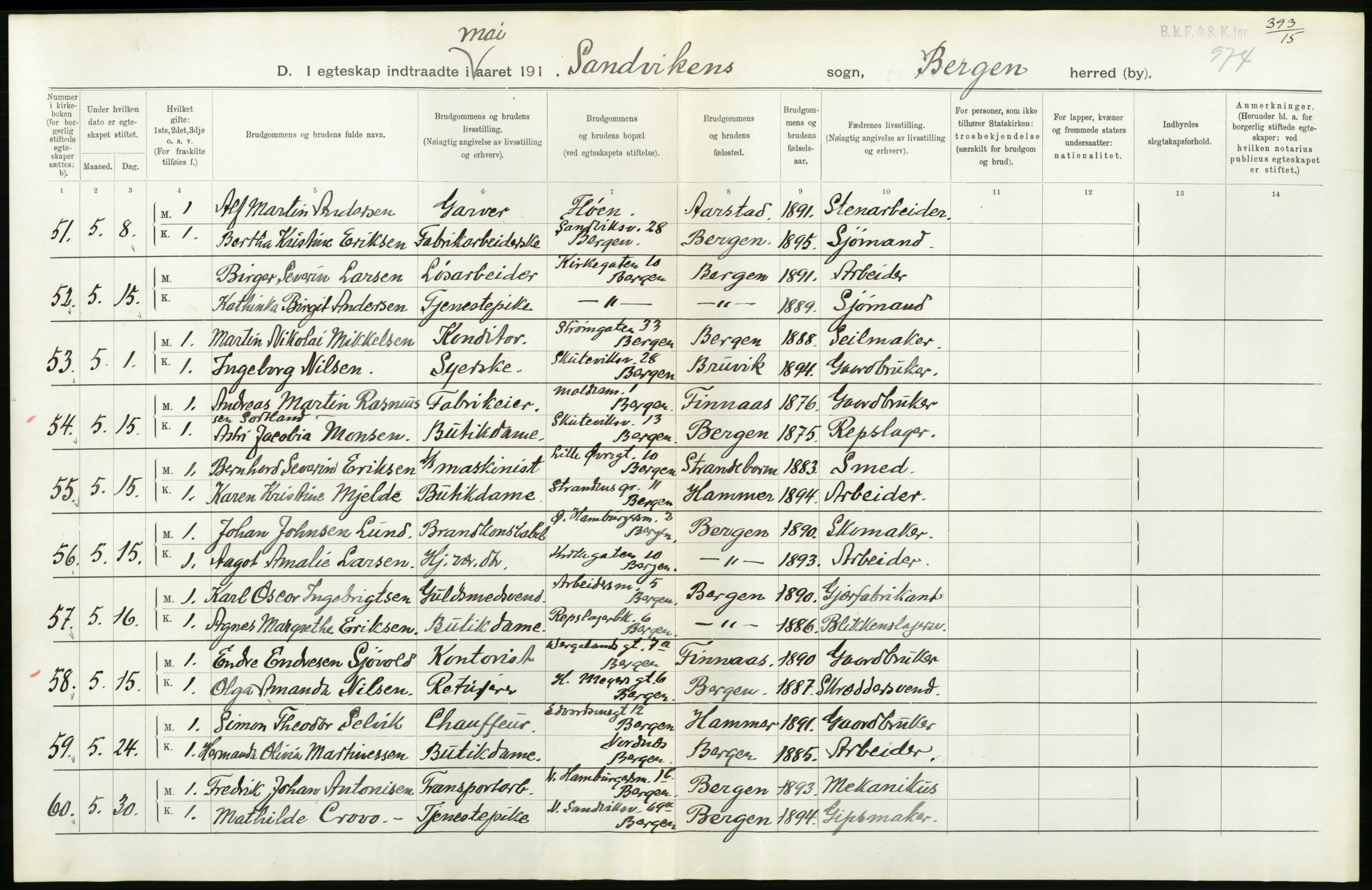 Statistisk sentralbyrå, Sosiodemografiske emner, Befolkning, AV/RA-S-2228/D/Df/Dfb/Dfbe/L0034: Bergen: Gifte, døde, dødfødte., 1915, s. 34