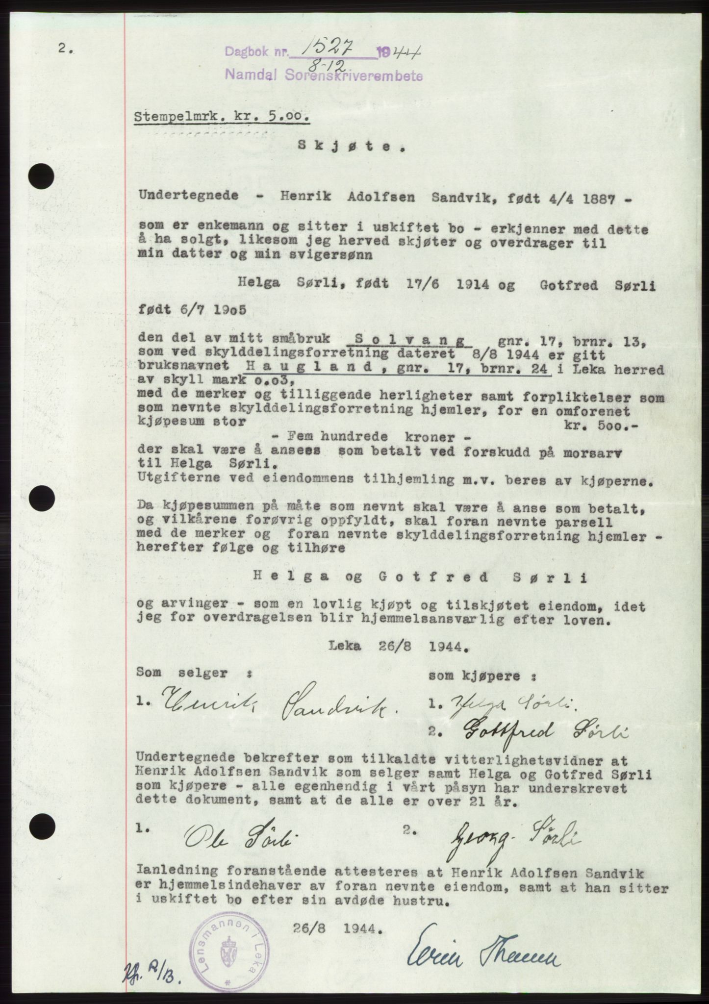 Namdal sorenskriveri, SAT/A-4133/1/2/2C: Pantebok nr. -, 1944-1945, Dagboknr: 1527/1944