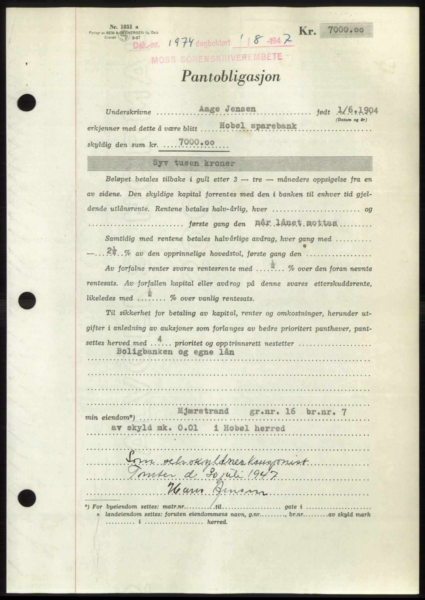 Moss sorenskriveri, SAO/A-10168: Pantebok nr. B17, 1947-1947, Dagboknr: 1974/1947