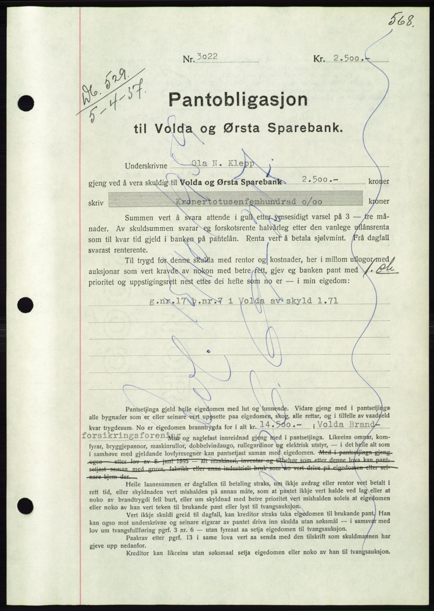 Søre Sunnmøre sorenskriveri, AV/SAT-A-4122/1/2/2C/L0062: Pantebok nr. 56, 1936-1937, Dagboknr: 529/1937