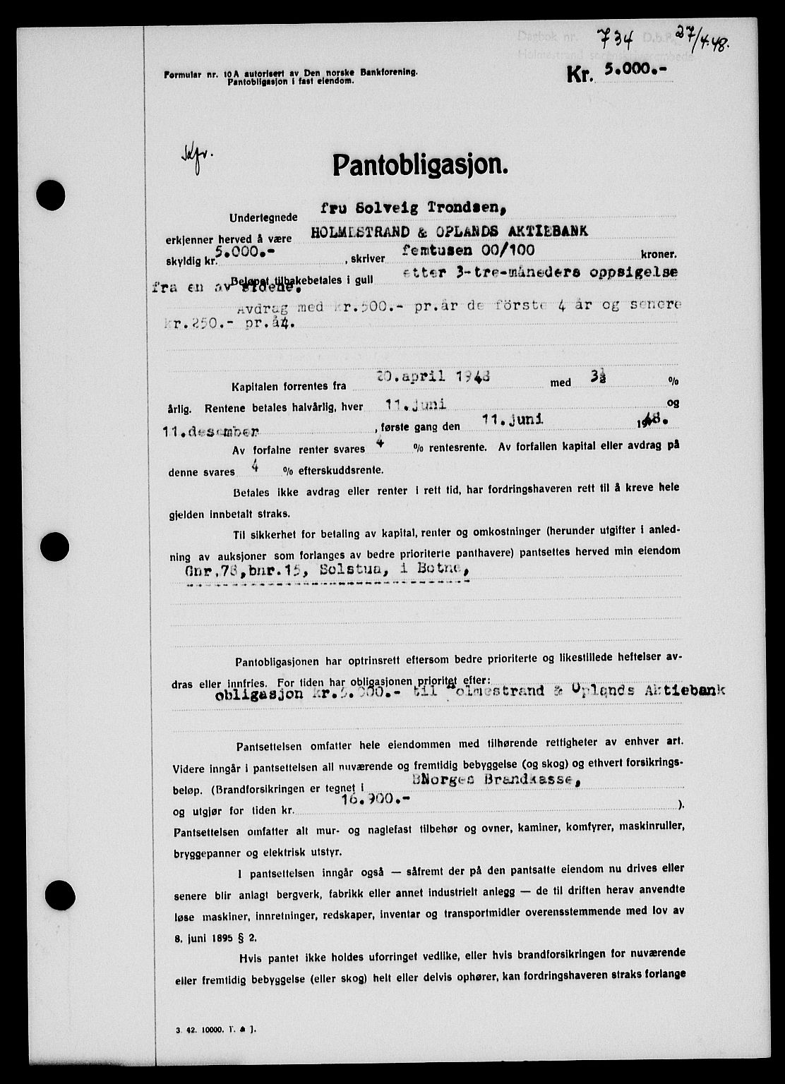 Holmestrand sorenskriveri, SAKO/A-67/G/Ga/Gab/L0058: Pantebok nr. B-58, 1947-1948, Dagboknr: 734/1948