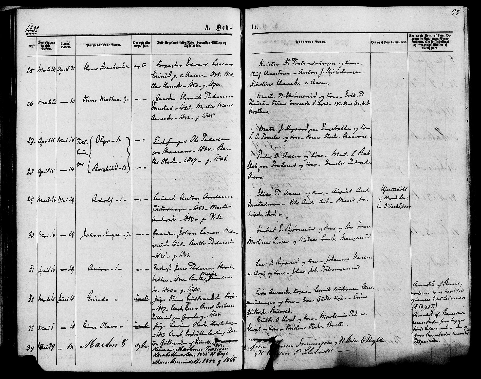Romedal prestekontor, AV/SAH-PREST-004/K/L0006: Ministerialbok nr. 6, 1866-1886, s. 97