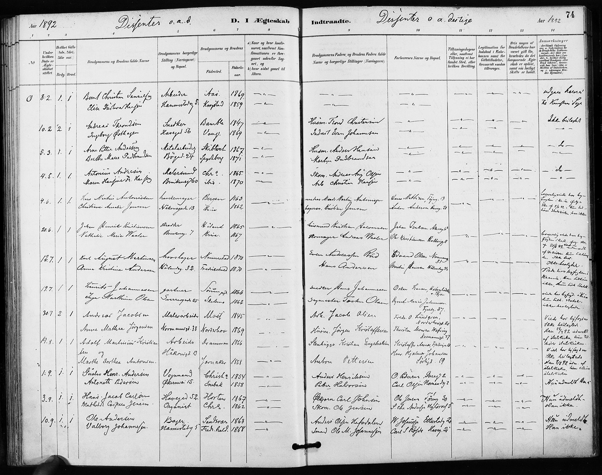 Kampen prestekontor Kirkebøker, AV/SAO-A-10853/F/Fa/L0004: Ministerialbok nr. I 4, 1885-1892, s. 74