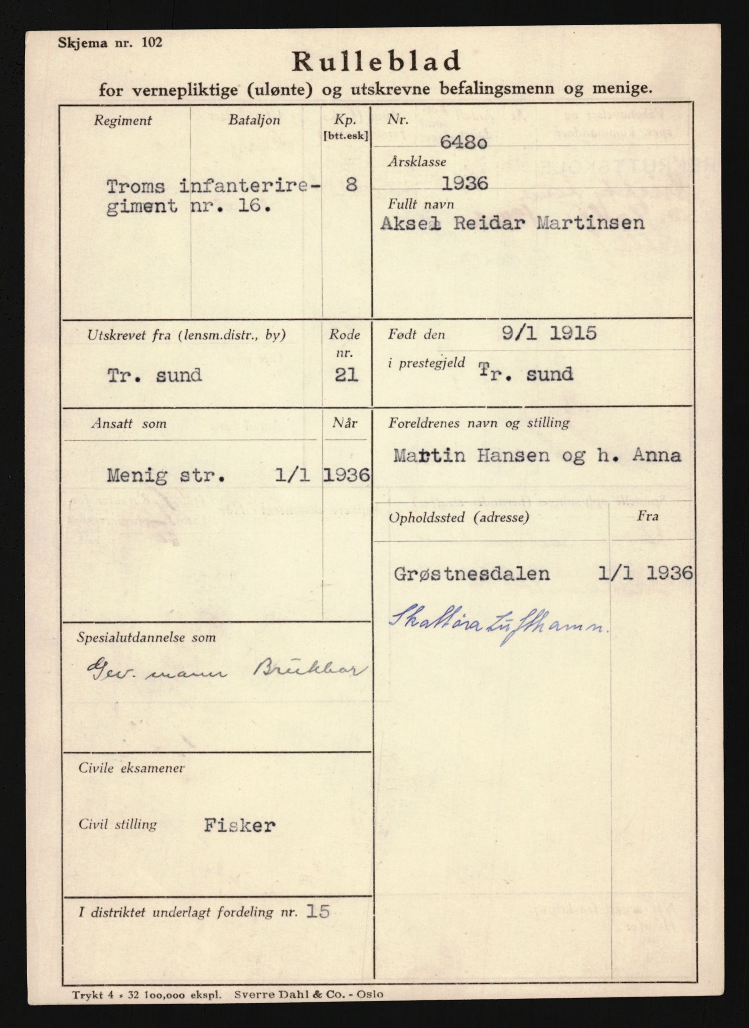 Forsvaret, Troms infanteriregiment nr. 16, AV/RA-RAFA-3146/P/Pa/L0020: Rulleblad for regimentets menige mannskaper, årsklasse 1936, 1936, s. 851