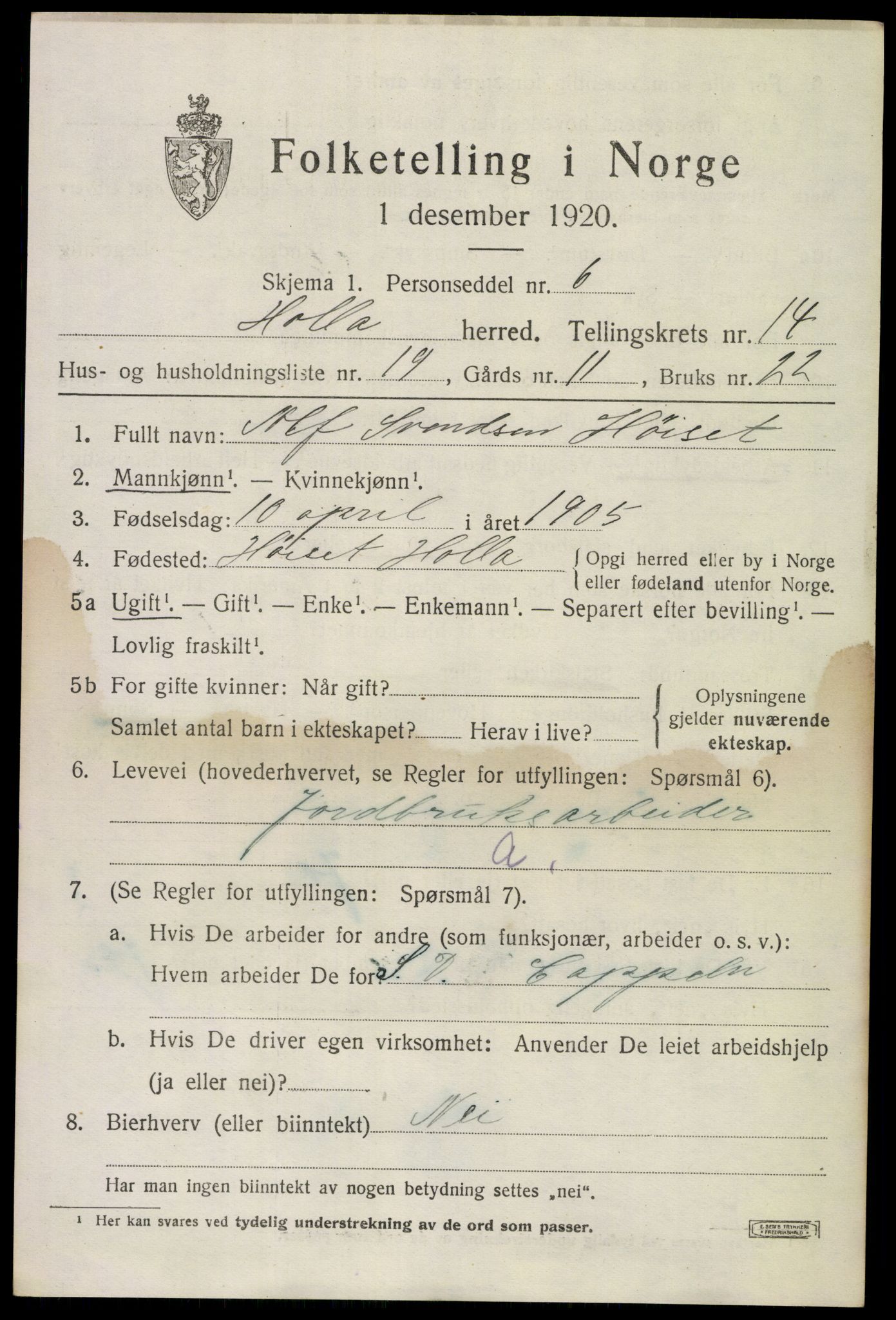 SAKO, Folketelling 1920 for 0819 Holla herred, 1920, s. 8191