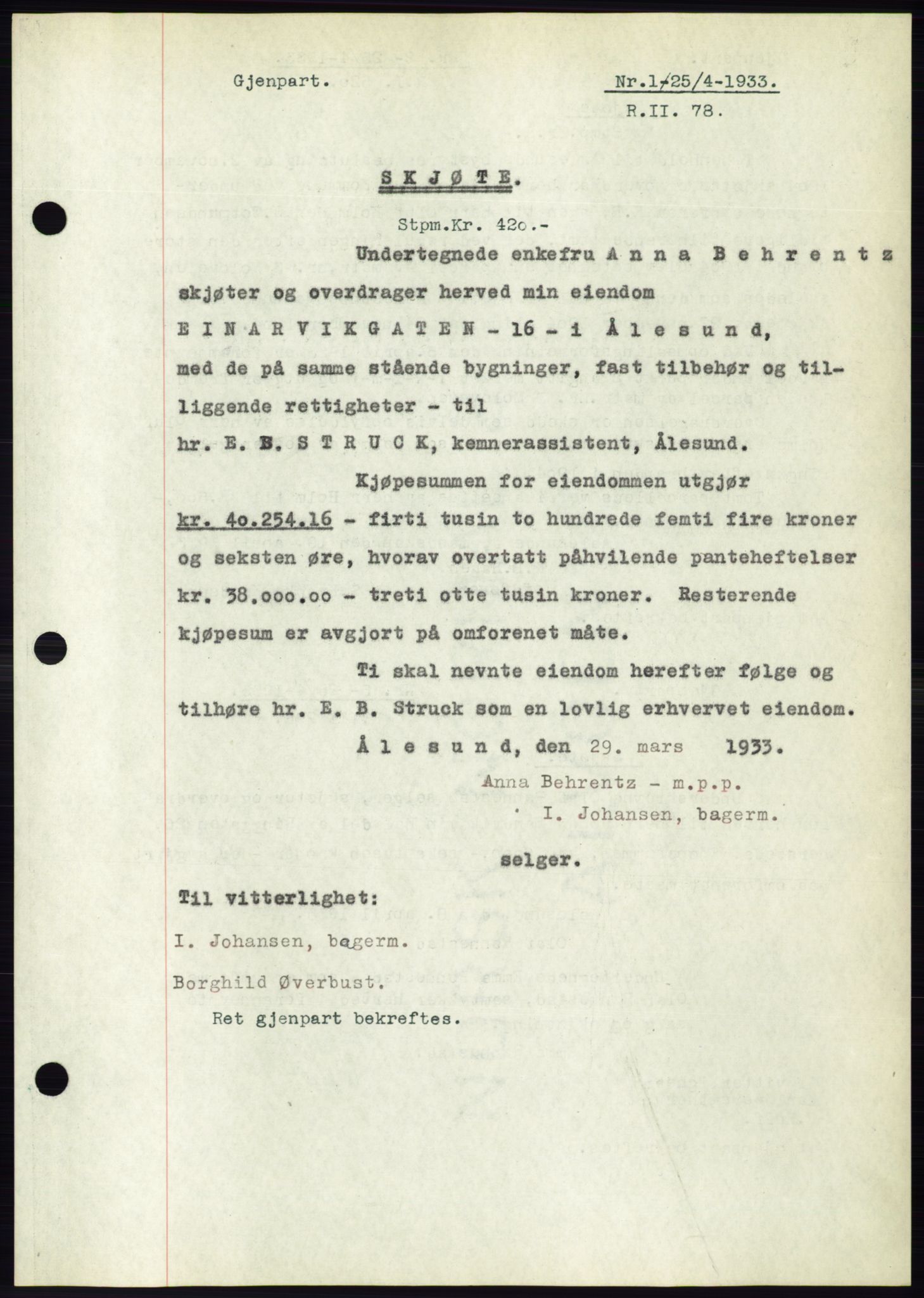 Ålesund byfogd, SAT/A-4384: Pantebok nr. 30, 1932-1933, Tingl.dato: 25.04.1933