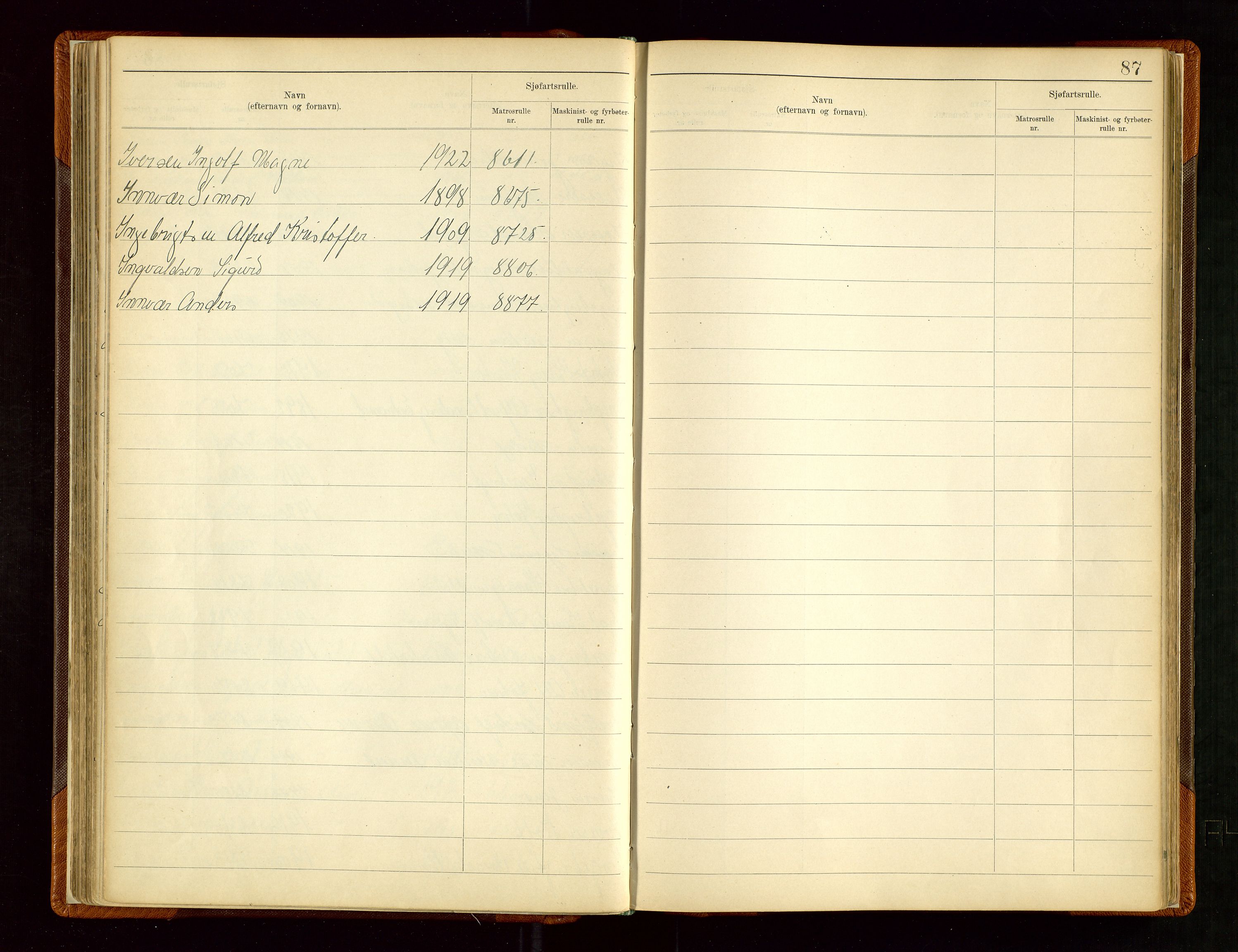 Haugesund sjømannskontor, SAST/A-102007/F/Fb/Fba/L0006: Navneregister med henvisning til rullenummer (etternavn) Haugesund krets , 1945, s. 87