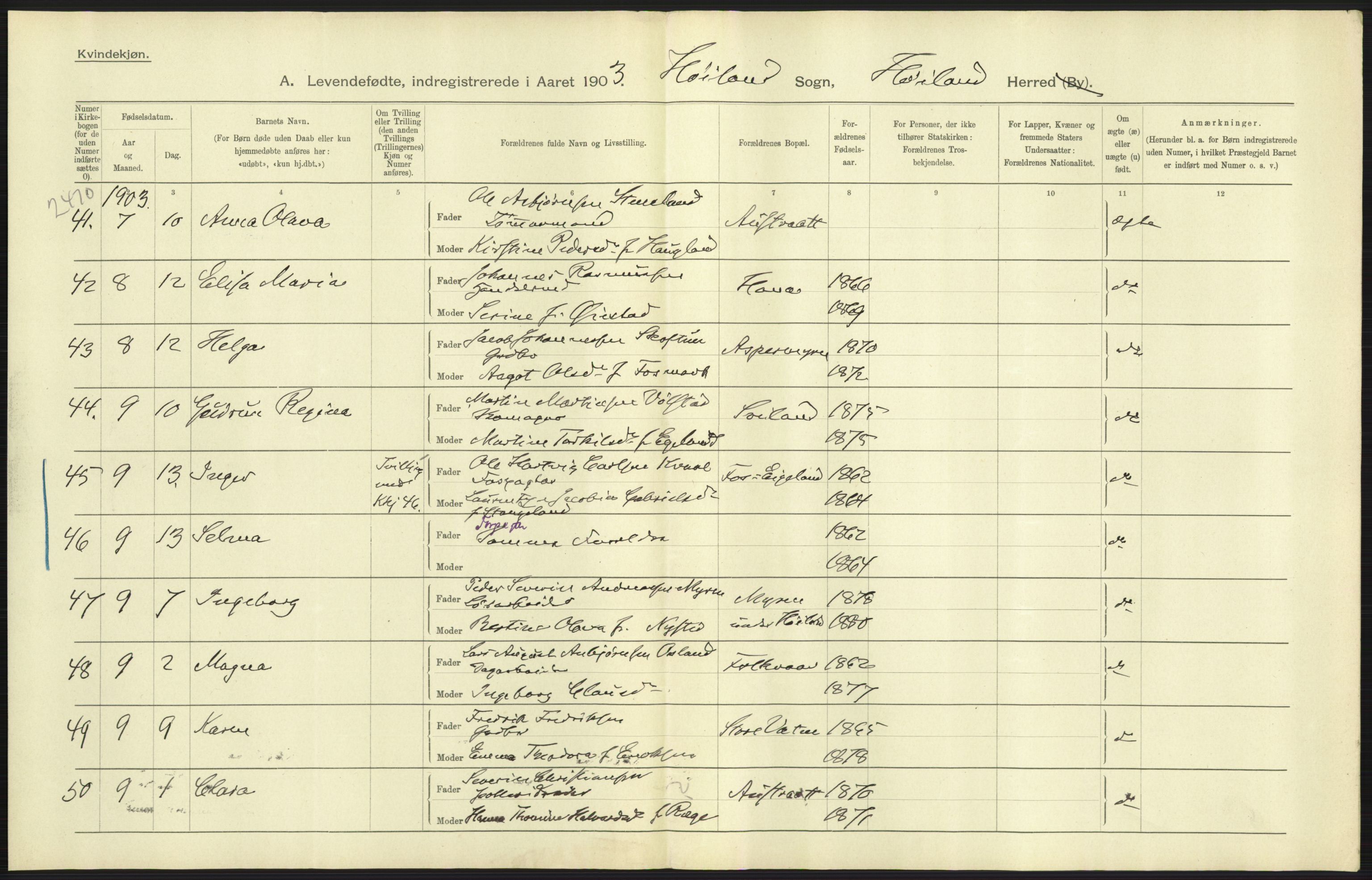 Statistisk sentralbyrå, Sosiodemografiske emner, Befolkning, AV/RA-S-2228/D/Df/Dfa/Dfaa/L0012: Stavanger amt: Fødte, gifte, døde, 1903, s. 7