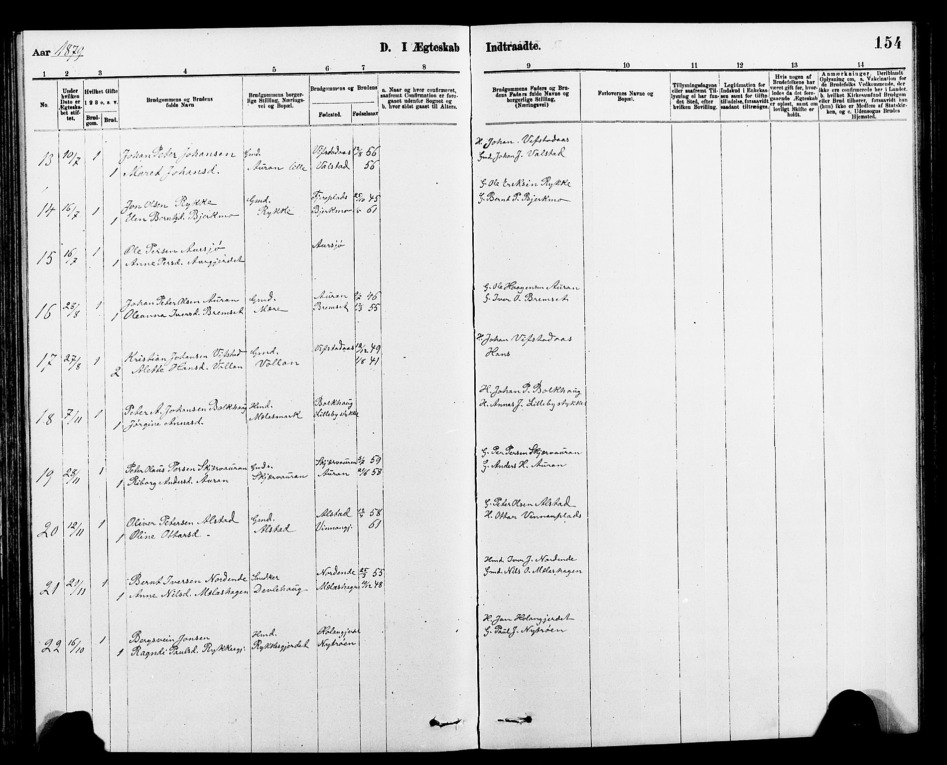 Ministerialprotokoller, klokkerbøker og fødselsregistre - Nord-Trøndelag, SAT/A-1458/712/L0103: Klokkerbok nr. 712C01, 1878-1917, s. 154