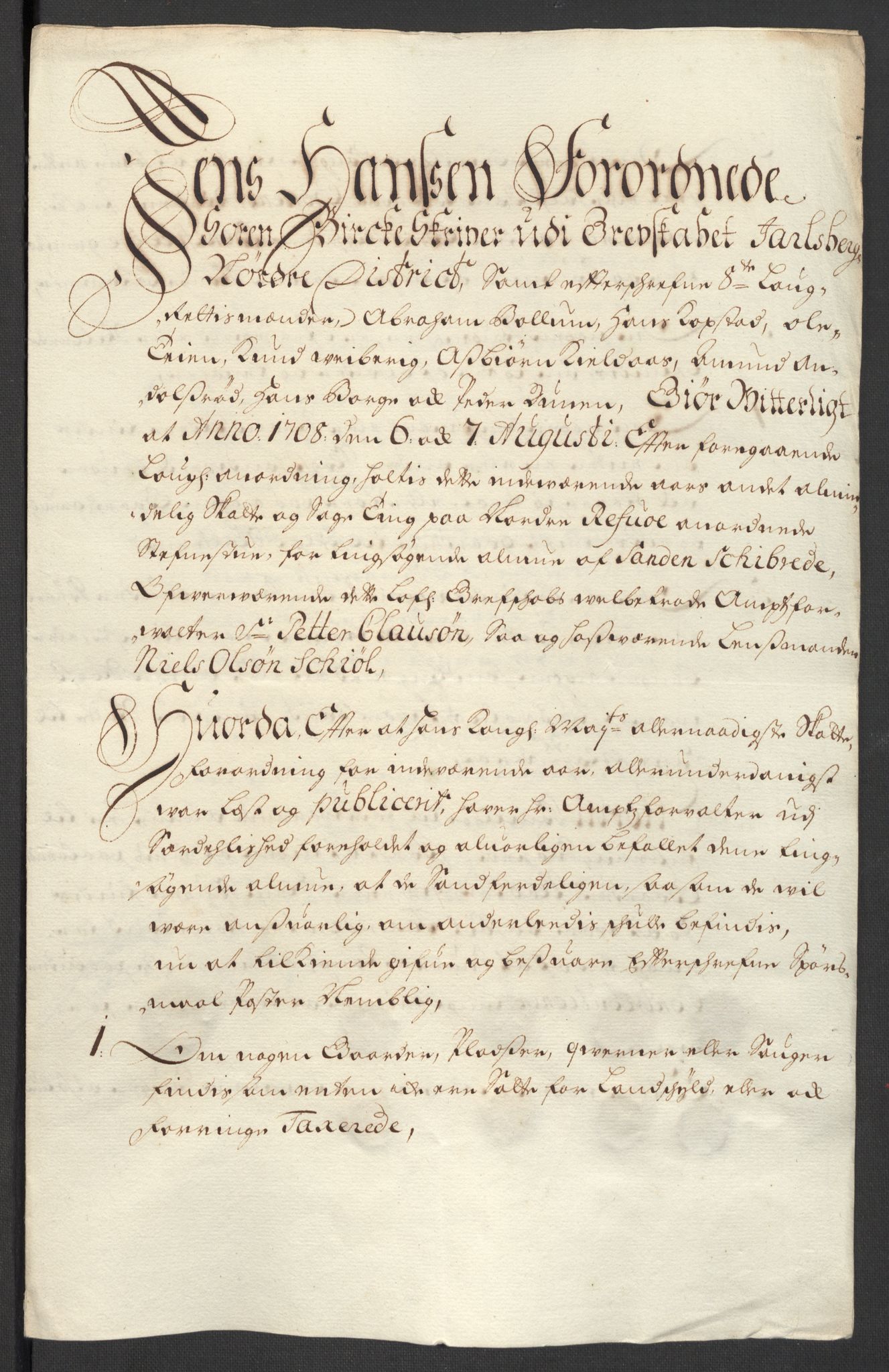Rentekammeret inntil 1814, Reviderte regnskaper, Fogderegnskap, RA/EA-4092/R32/L1873: Fogderegnskap Jarlsberg grevskap, 1708, s. 136