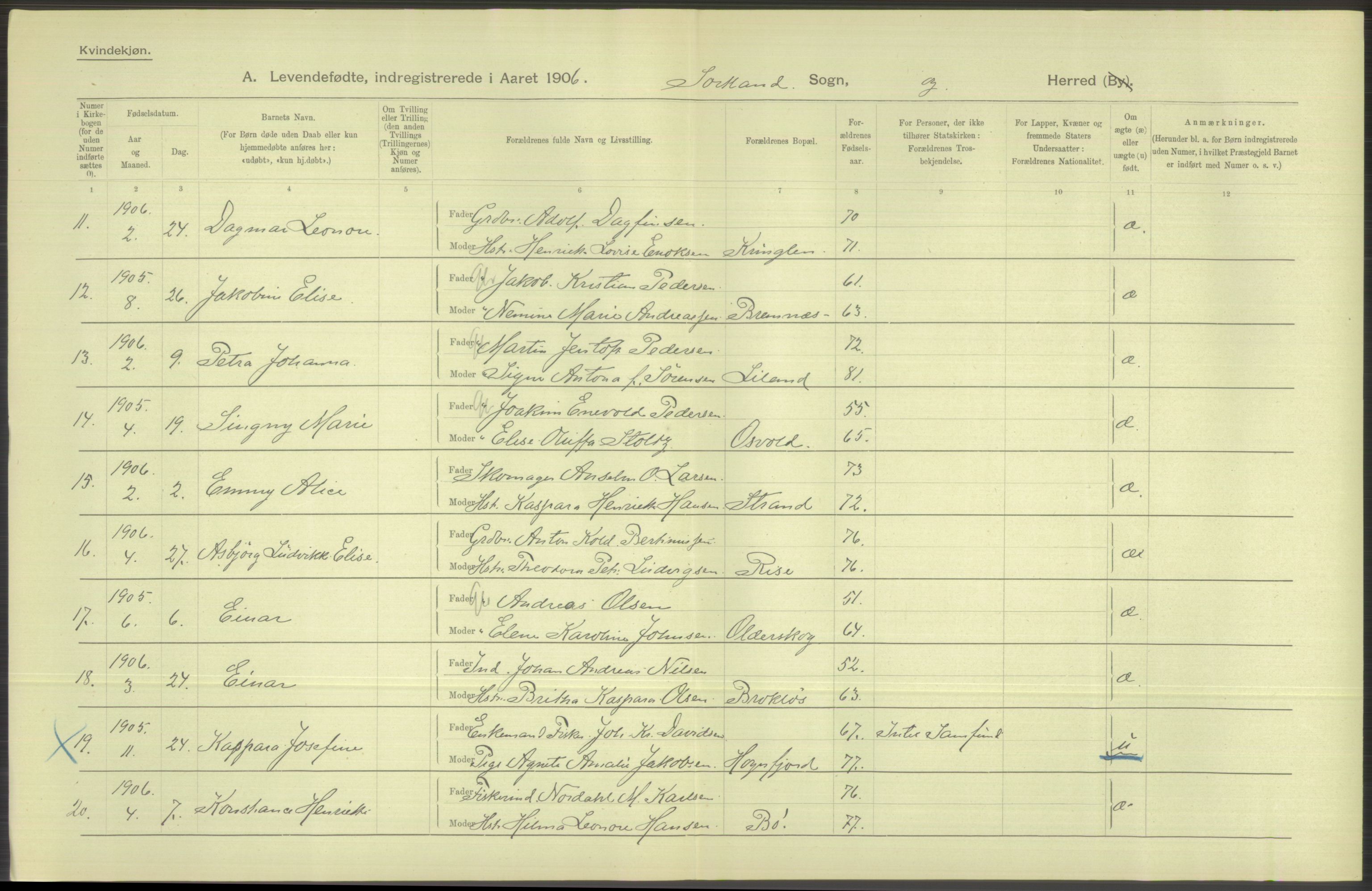 Statistisk sentralbyrå, Sosiodemografiske emner, Befolkning, AV/RA-S-2228/D/Df/Dfa/Dfad/L0044: Nordlands amt: Levendefødte menn og kvinner. Bygder., 1906, s. 28