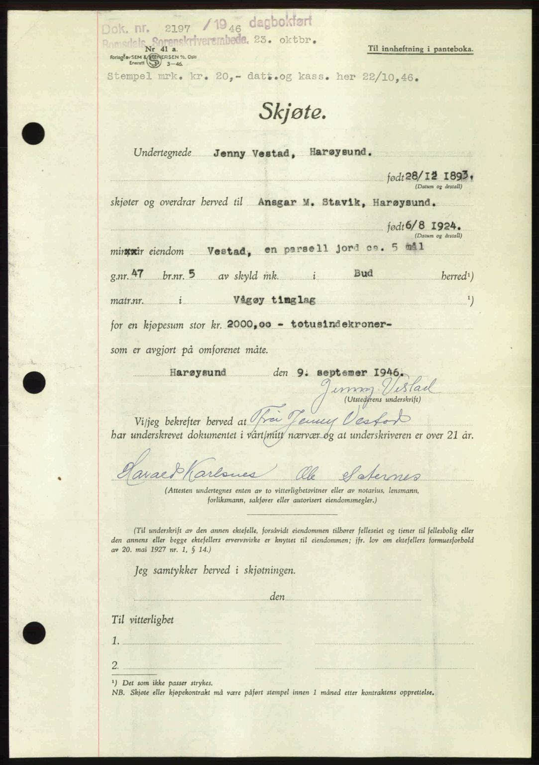 Romsdal sorenskriveri, AV/SAT-A-4149/1/2/2C: Pantebok nr. A21, 1946-1946, Dagboknr: 2197/1946