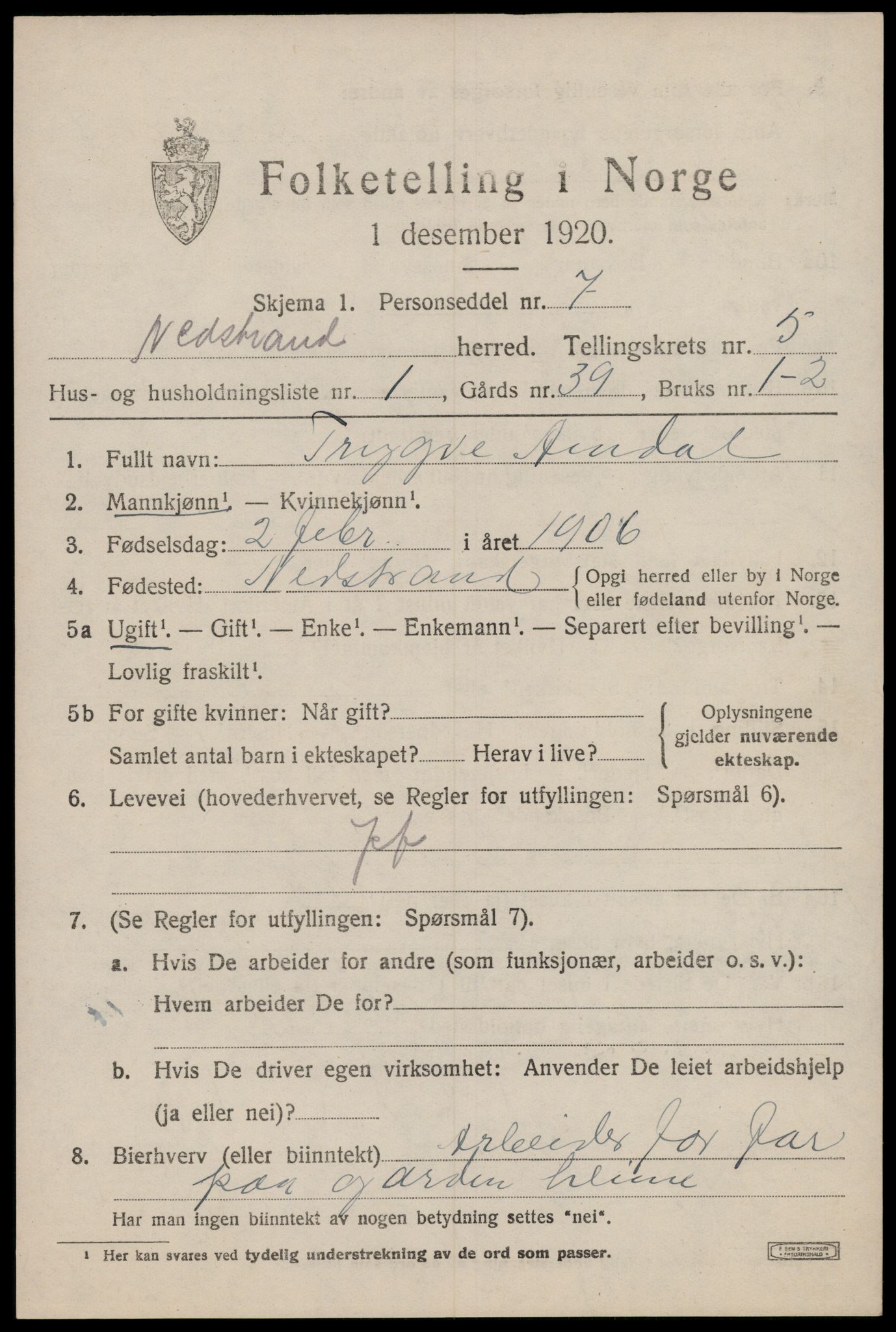 SAST, Folketelling 1920 for 1139 Nedstrand herred, 1920, s. 2277