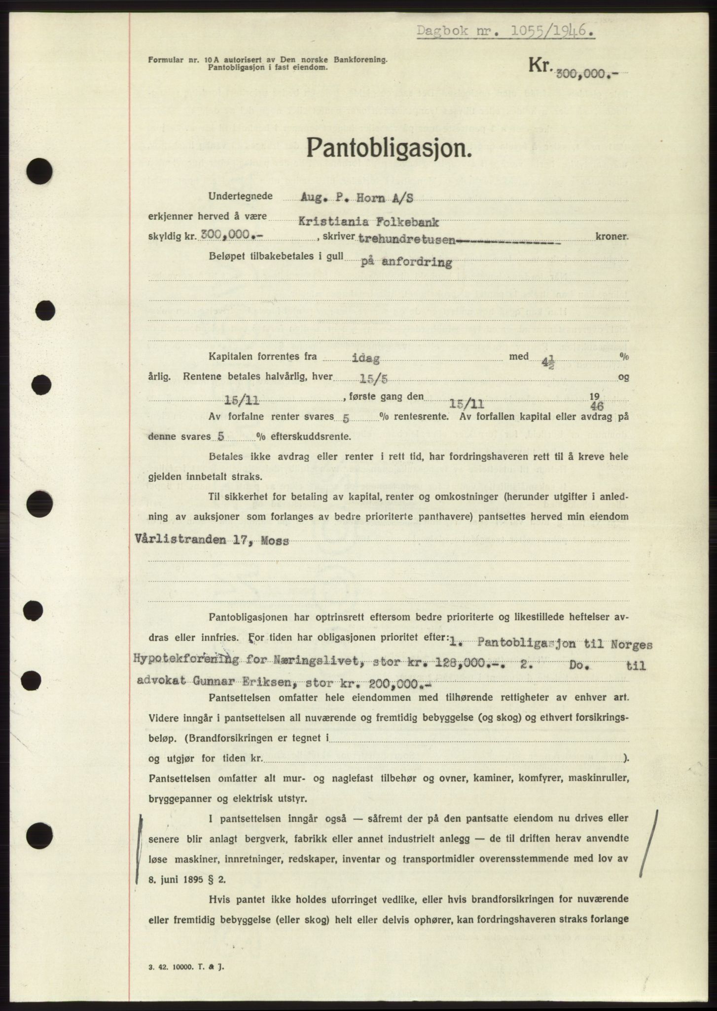 Moss sorenskriveri, SAO/A-10168: Pantebok nr. B15, 1946-1946, Dagboknr: 1055/1946