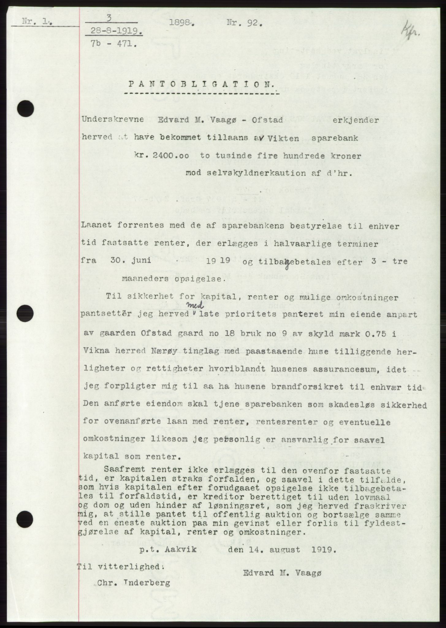 Namdal sorenskriveri, SAT/A-4133/1/2/2C: Pantebok nr. -, 1916-1921, Tingl.dato: 28.08.1919