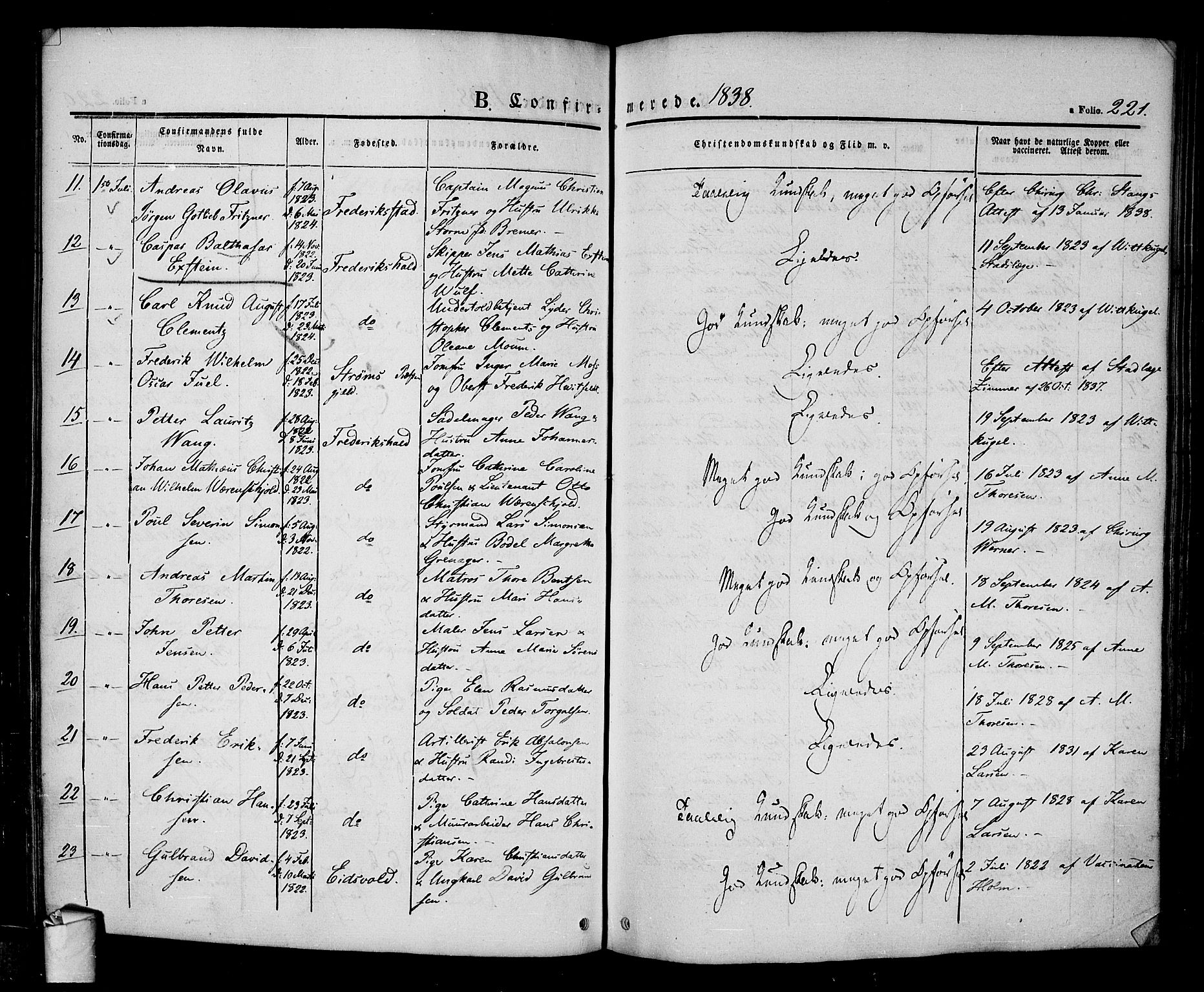 Halden prestekontor Kirkebøker, SAO/A-10909/F/Fa/L0005: Ministerialbok nr. I 5, 1834-1845, s. 221