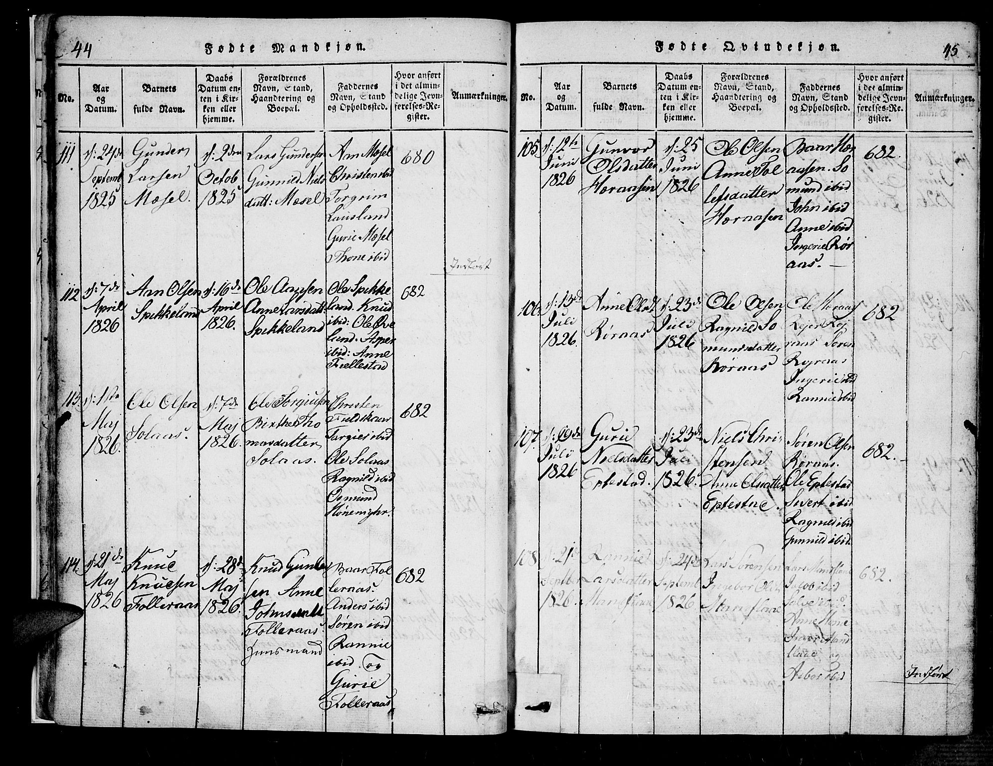 Bjelland sokneprestkontor, SAK/1111-0005/F/Fa/Fab/L0002: Ministerialbok nr. A 2, 1816-1869, s. 44-45