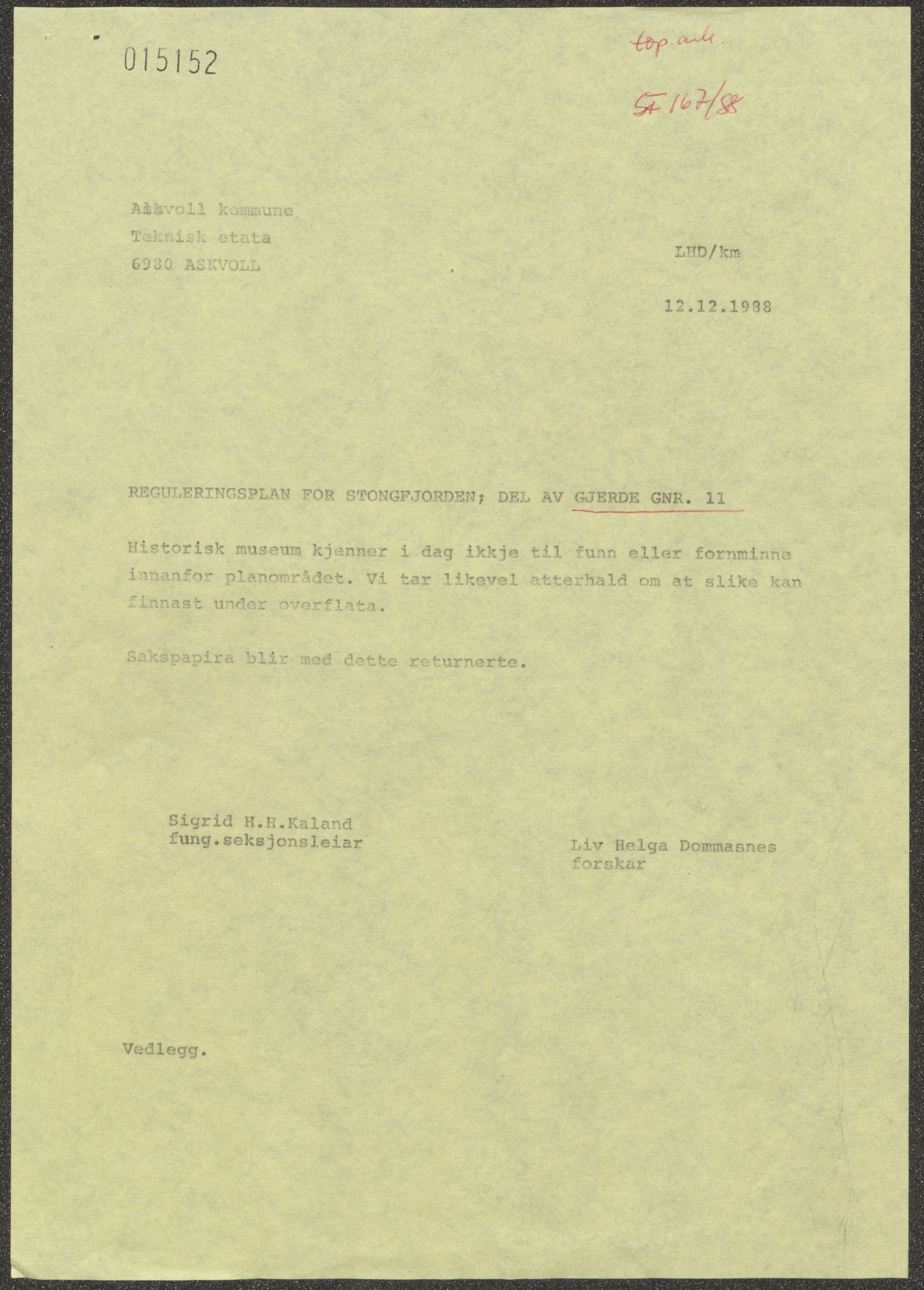 Arkeologiske samlinger, UMB/A003/E/Ea/L0001/0015: Askvoll  / Gjerde, gnr. 12, 1988