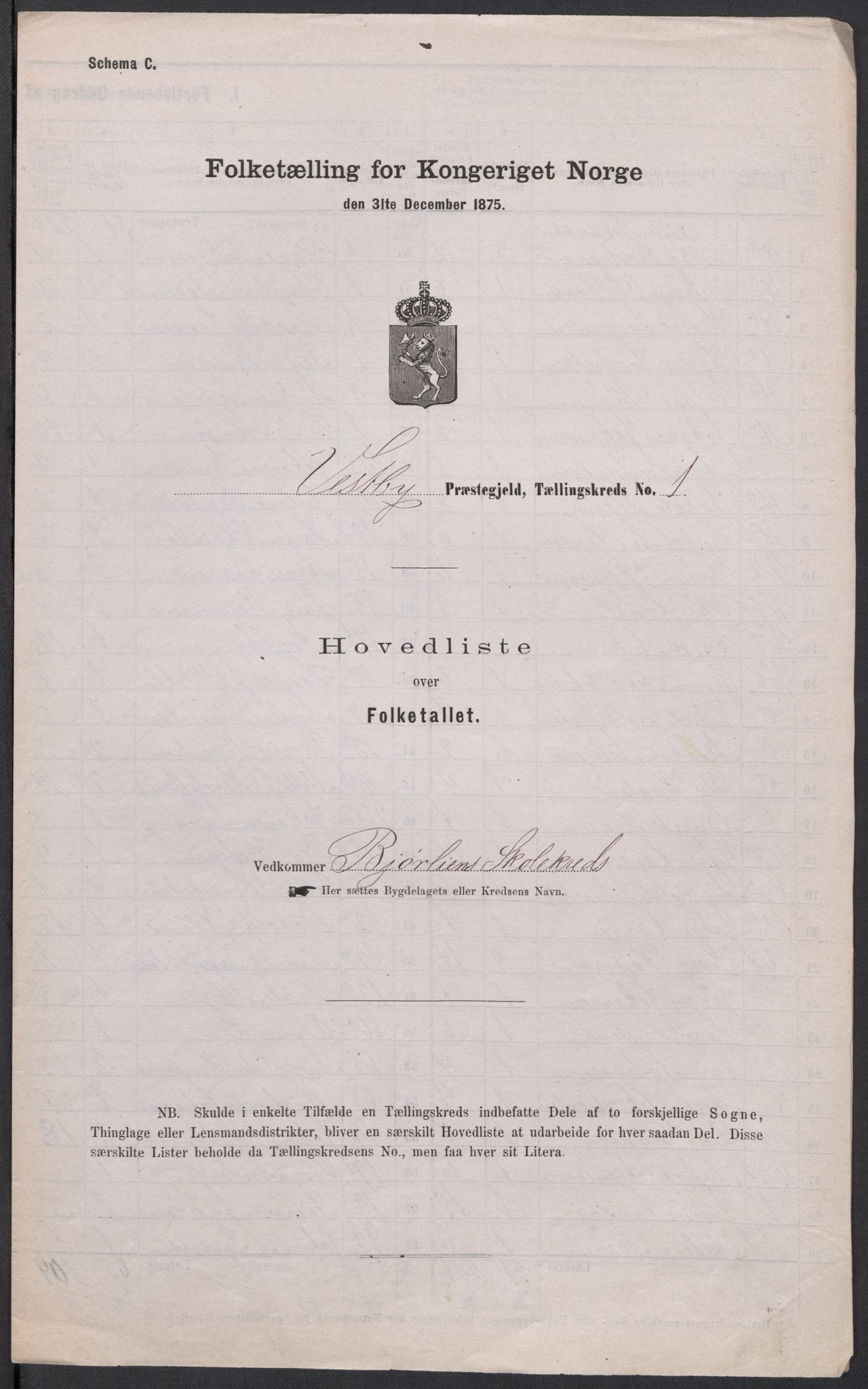 RA, Folketelling 1875 for 0211L Vestby prestegjeld, Vestby sokn, Garder sokn og Såner sokn, 1875, s. 1