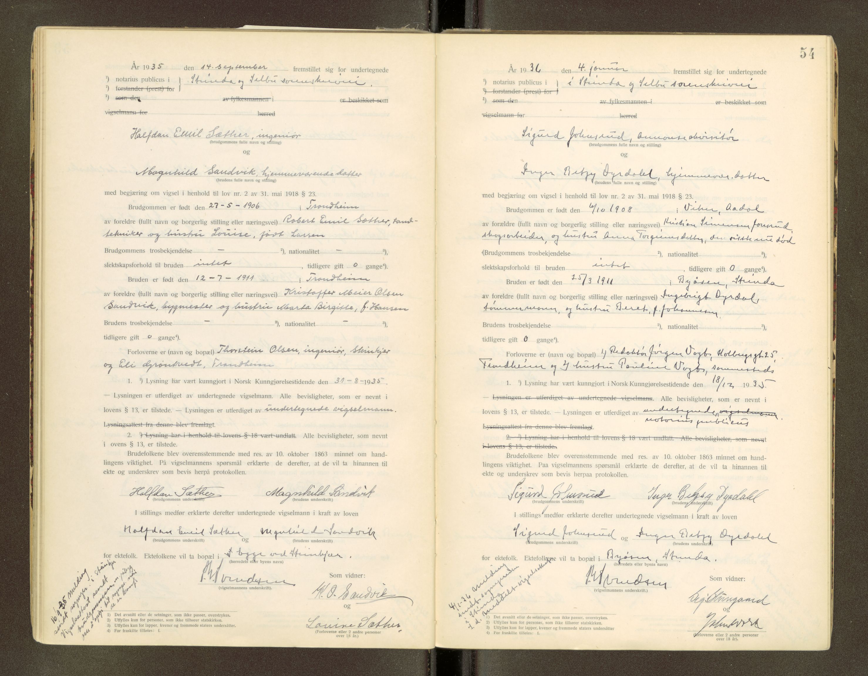 Strinda og Selbu sorenskriveri, AV/SAT-A-0015/6/6D/L0003: Vigselsbok, 1920-1942, s. 54
