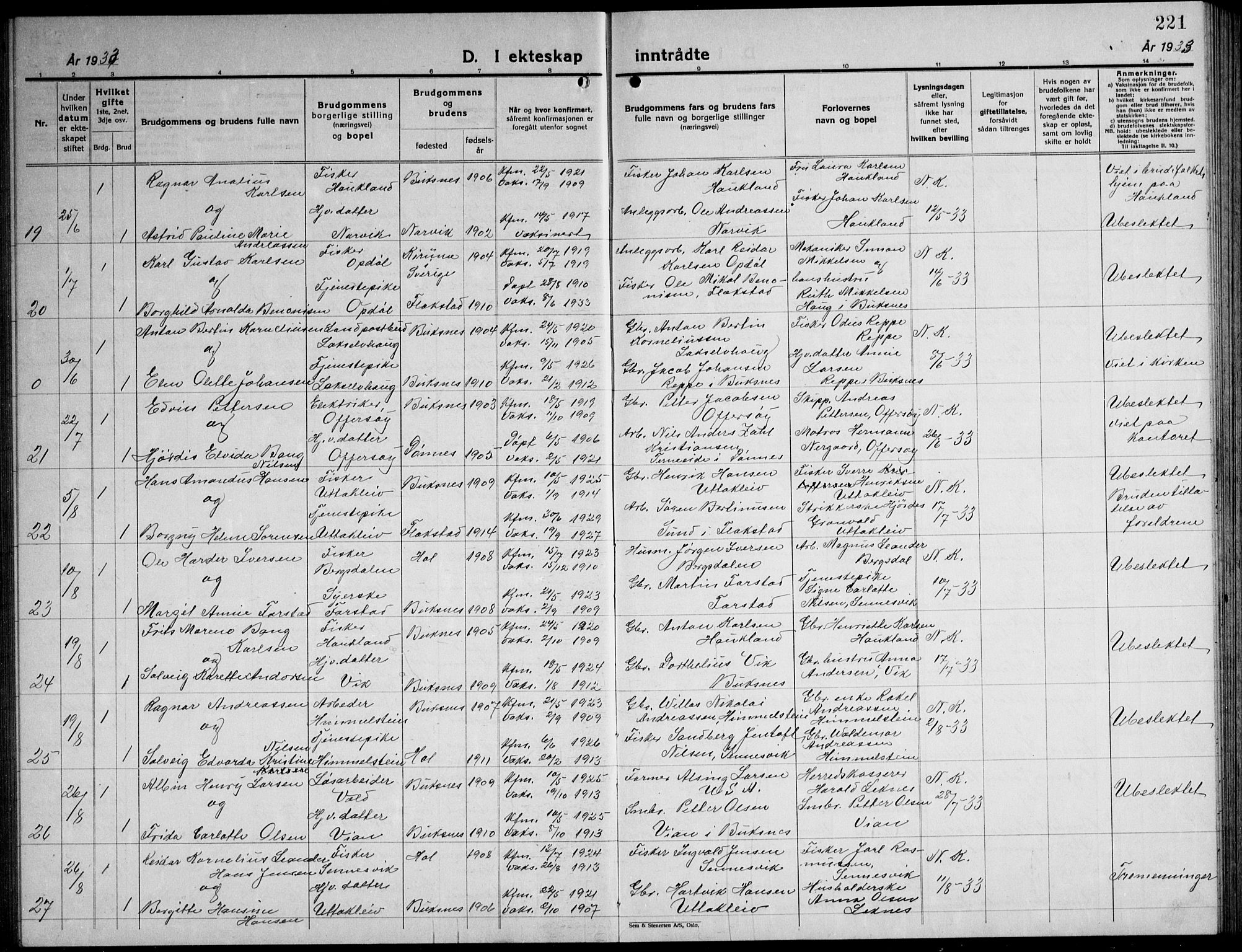 Ministerialprotokoller, klokkerbøker og fødselsregistre - Nordland, AV/SAT-A-1459/881/L1170: Klokkerbok nr. 881C07, 1930-1943, s. 221