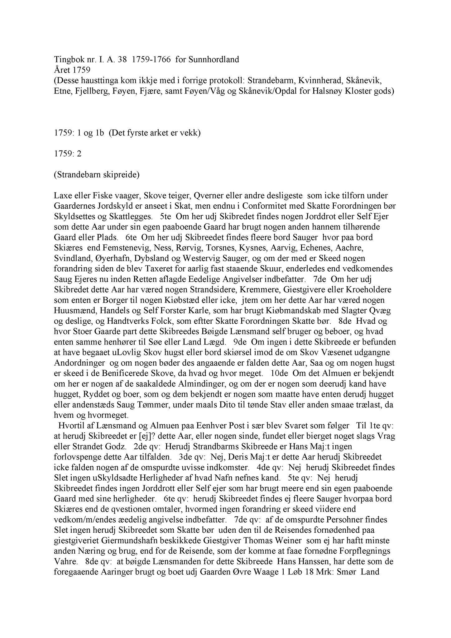 Samling av fulltekstavskrifter, SAB/FULLTEKST/A/12/0038: Sunnhordland sorenskriveri, tingbok nr. A 38, 1756-1766