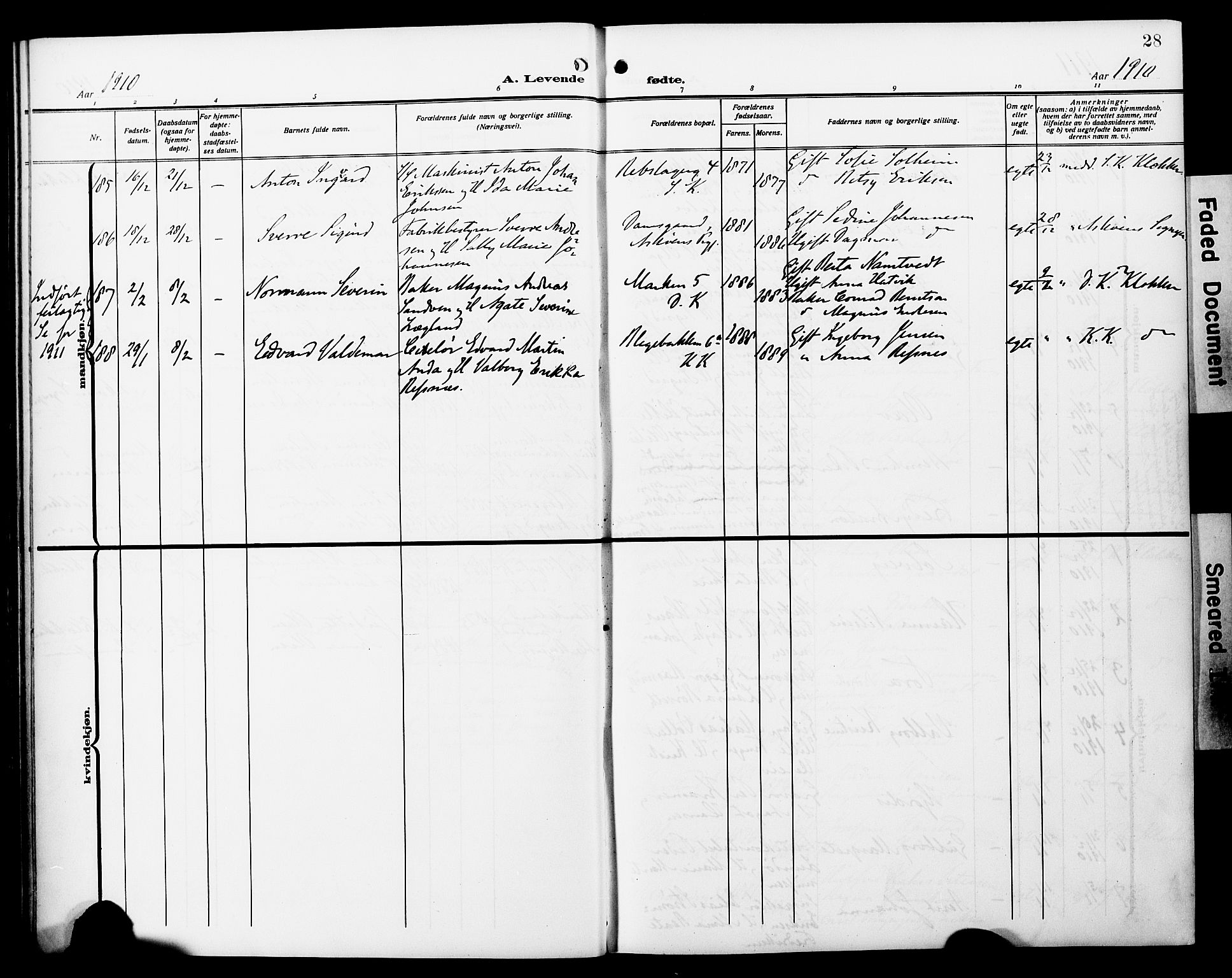 Fødselsstiftelsens sokneprestembete*, SAB/-: Ministerialbok nr. A 4, 1910-1918, s. 28