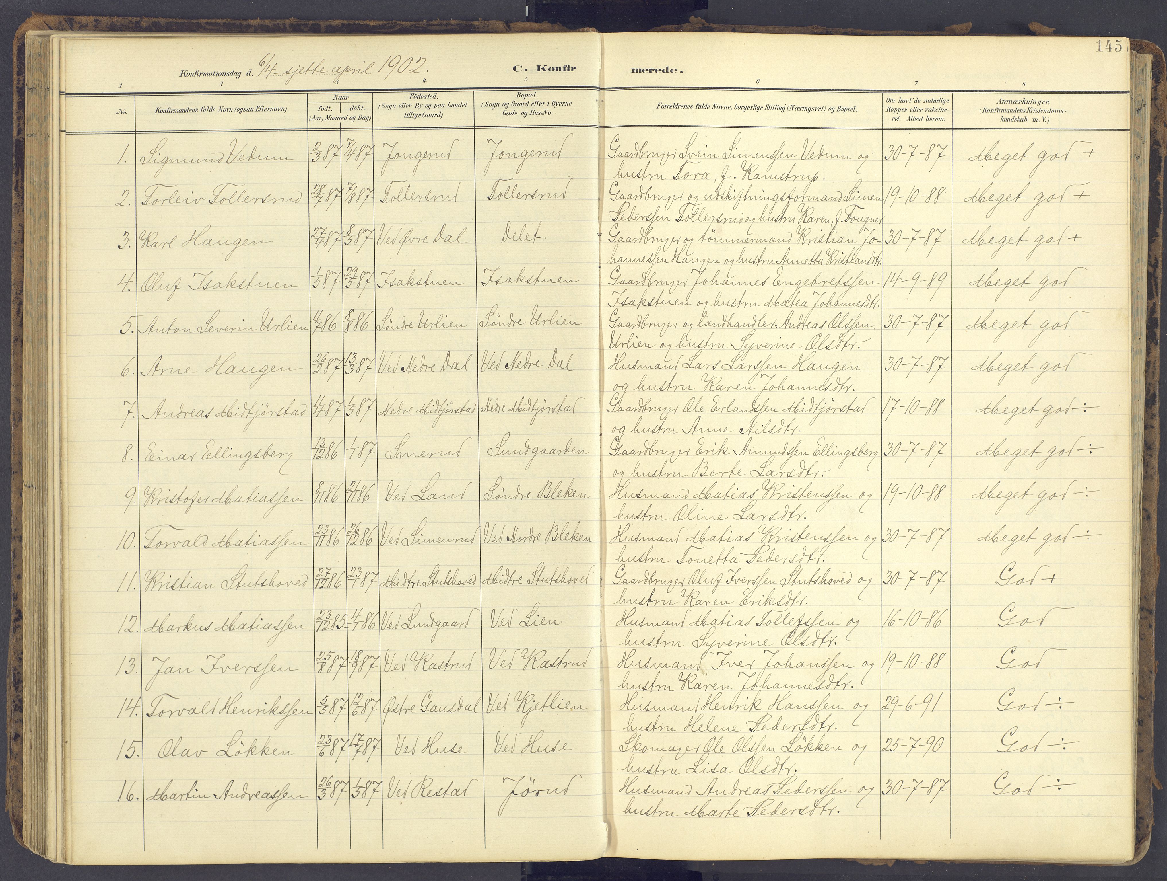 Fåberg prestekontor, AV/SAH-PREST-086/H/Ha/Haa/L0012: Ministerialbok nr. 12, 1899-1915, s. 145