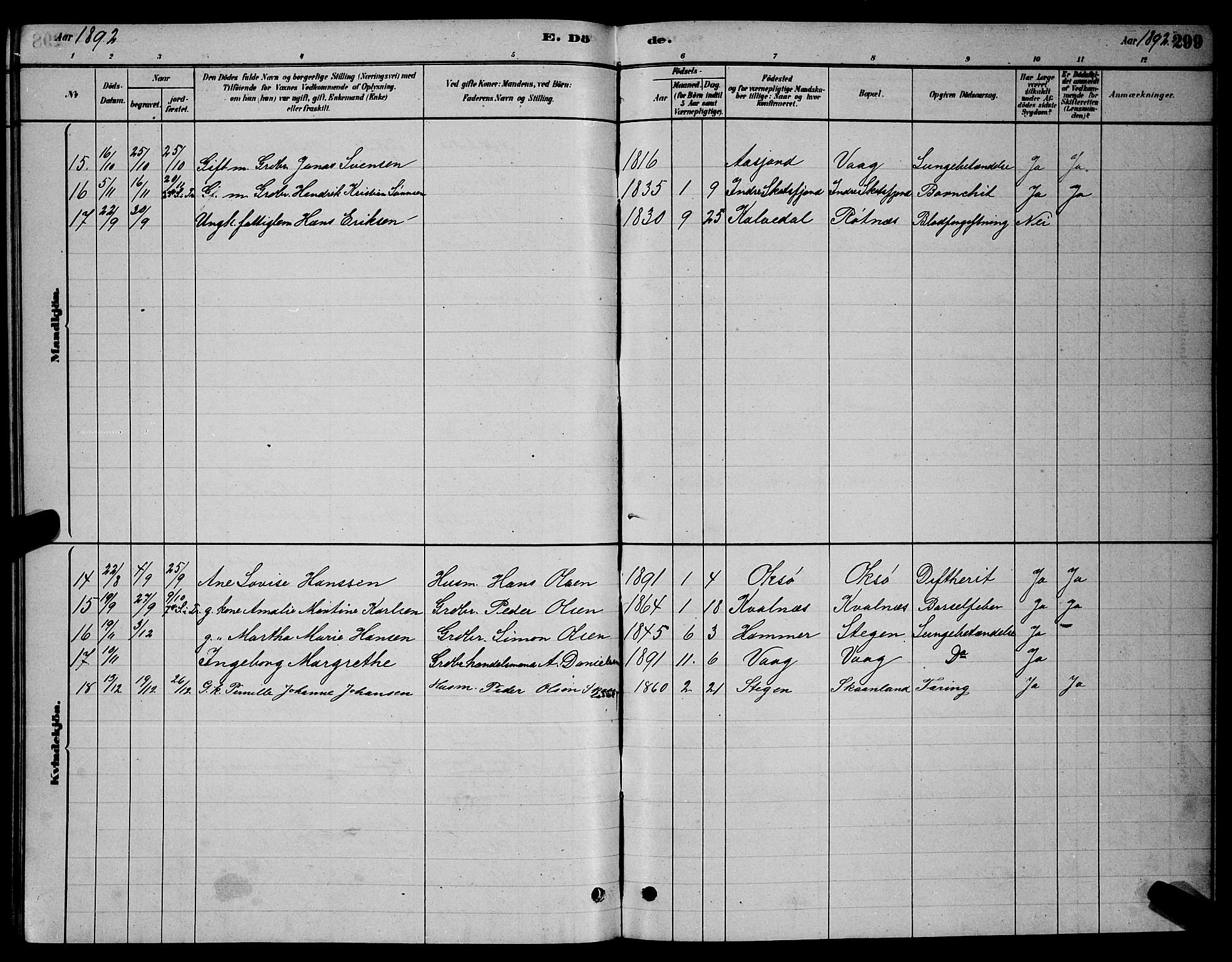 Ministerialprotokoller, klokkerbøker og fødselsregistre - Nordland, AV/SAT-A-1459/855/L0816: Klokkerbok nr. 855C05, 1879-1894, s. 299