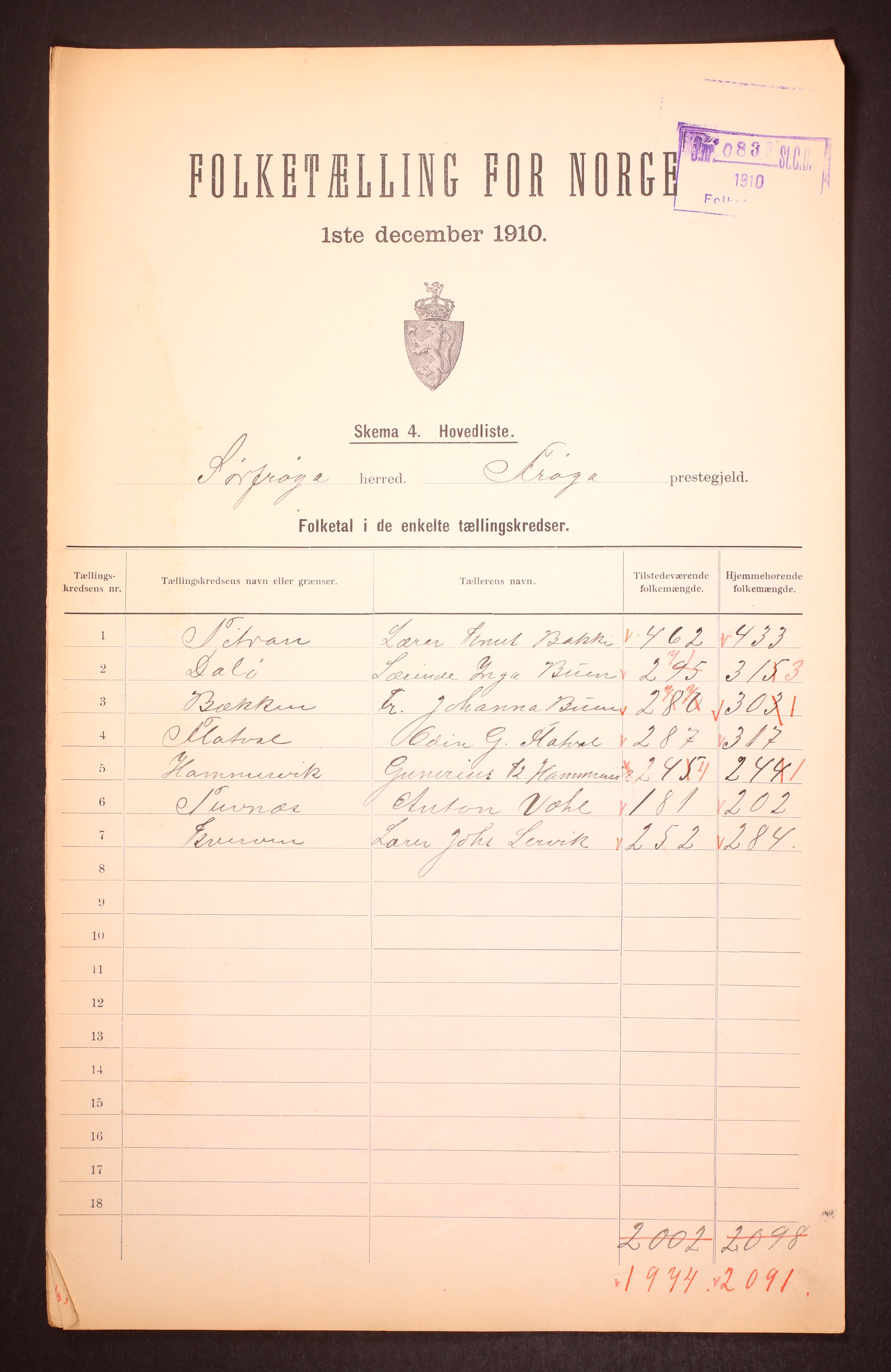 RA, Folketelling 1910 for 1619 Sør-Frøya herred, 1910, s. 2