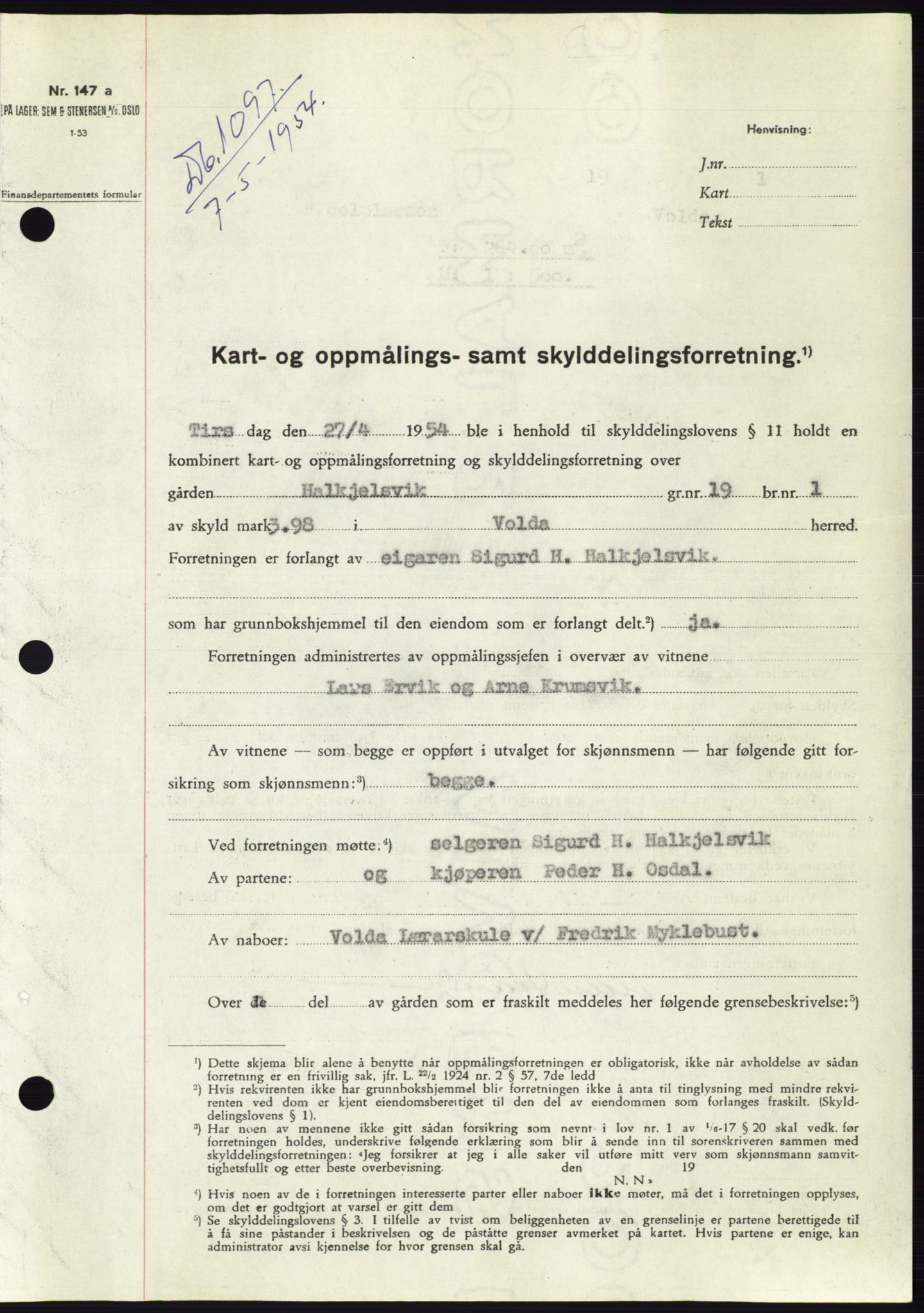 Søre Sunnmøre sorenskriveri, SAT/A-4122/1/2/2C/L0097: Pantebok nr. 23A, 1954-1954, Dagboknr: 1097/1954