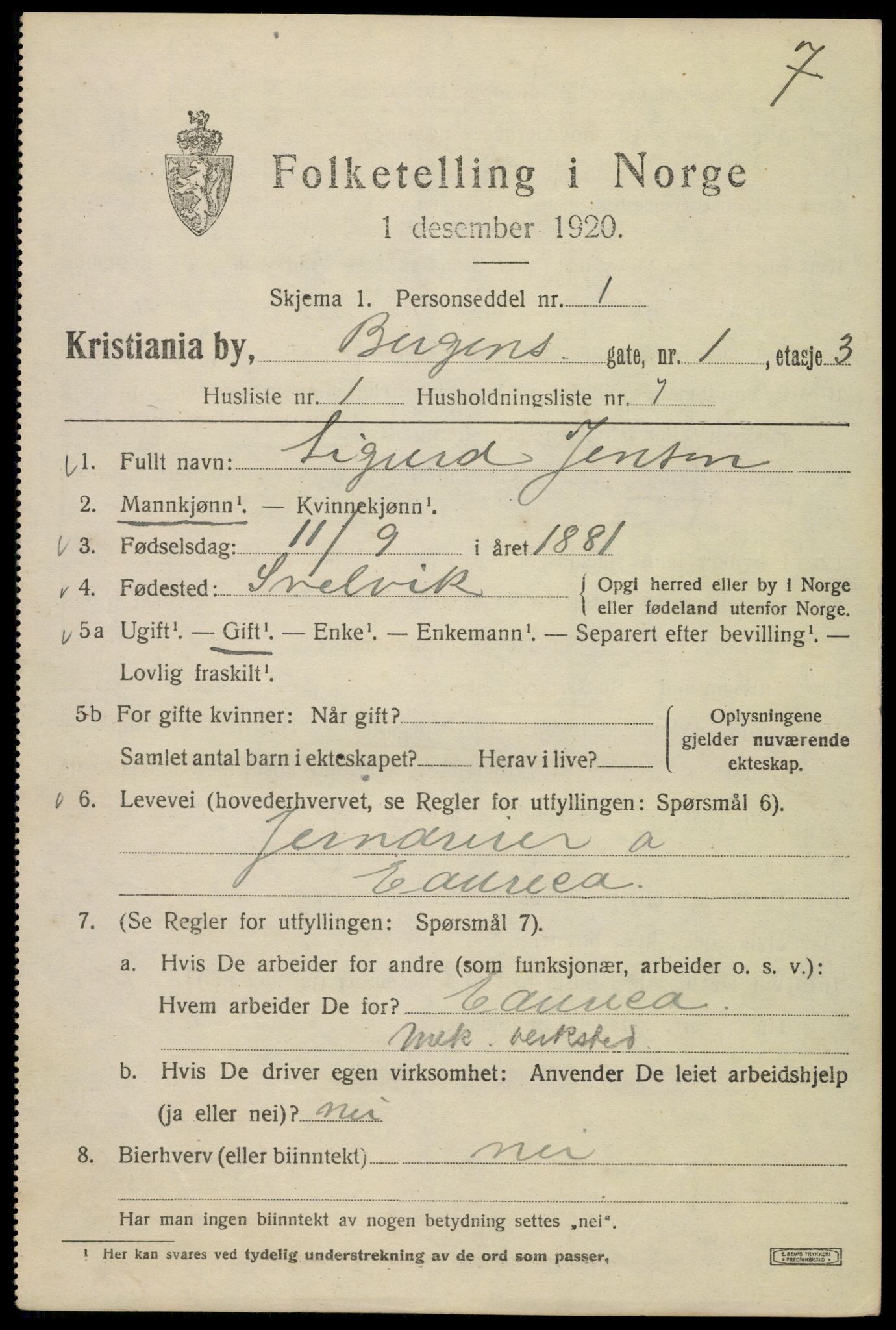 SAO, Folketelling 1920 for 0301 Kristiania kjøpstad, 1920, s. 152083