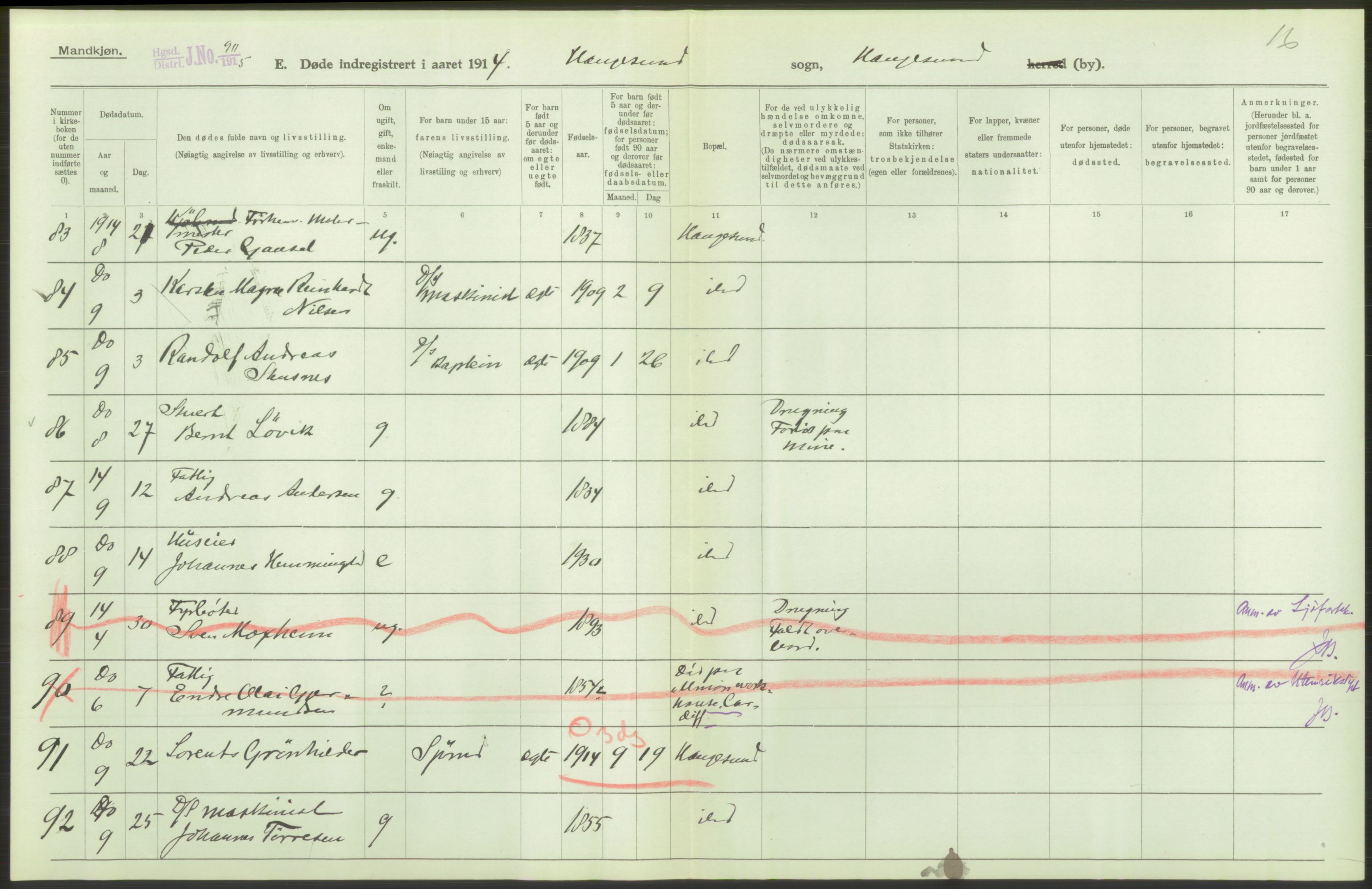 Statistisk sentralbyrå, Sosiodemografiske emner, Befolkning, AV/RA-S-2228/D/Df/Dfb/Dfbd/L0026: Stavanger amt: Døde, dødfødte. Bygder og byer., 1914, s. 136