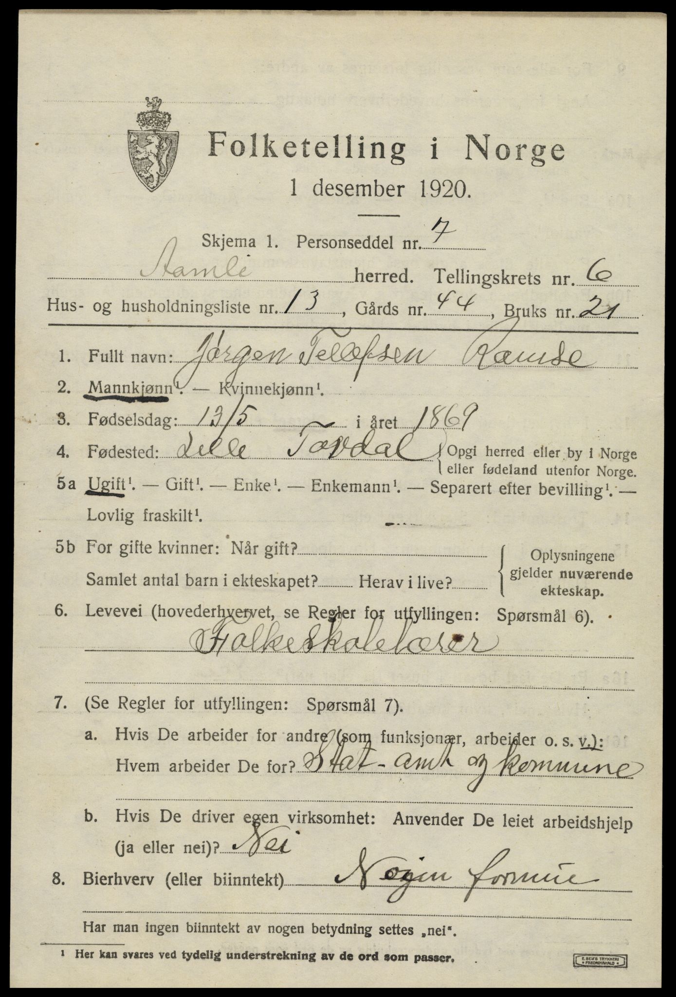 SAK, Folketelling 1920 for 0929 Åmli herred, 1920, s. 2771