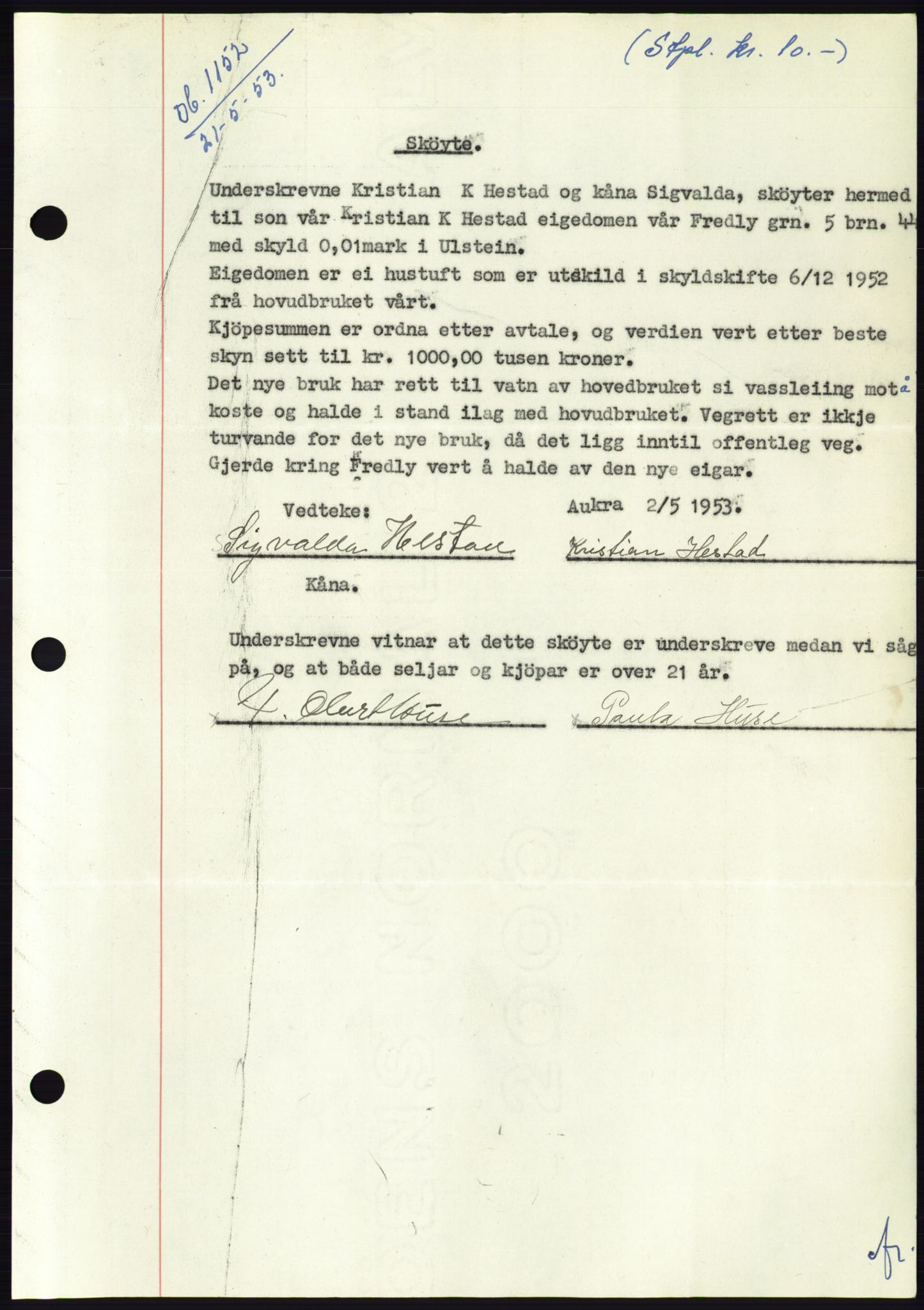 Søre Sunnmøre sorenskriveri, AV/SAT-A-4122/1/2/2C/L0095: Pantebok nr. 21A, 1953-1953, Dagboknr: 1152/1953